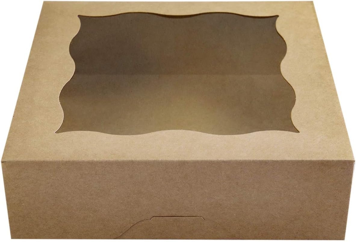Produttore di Scatole per Torte e Biscotti 10x10x3 pollici Marrone con Finestra PVC Carta Kraft Naturale Logo Personalizzato Confezione da 15 Marchio Bianco