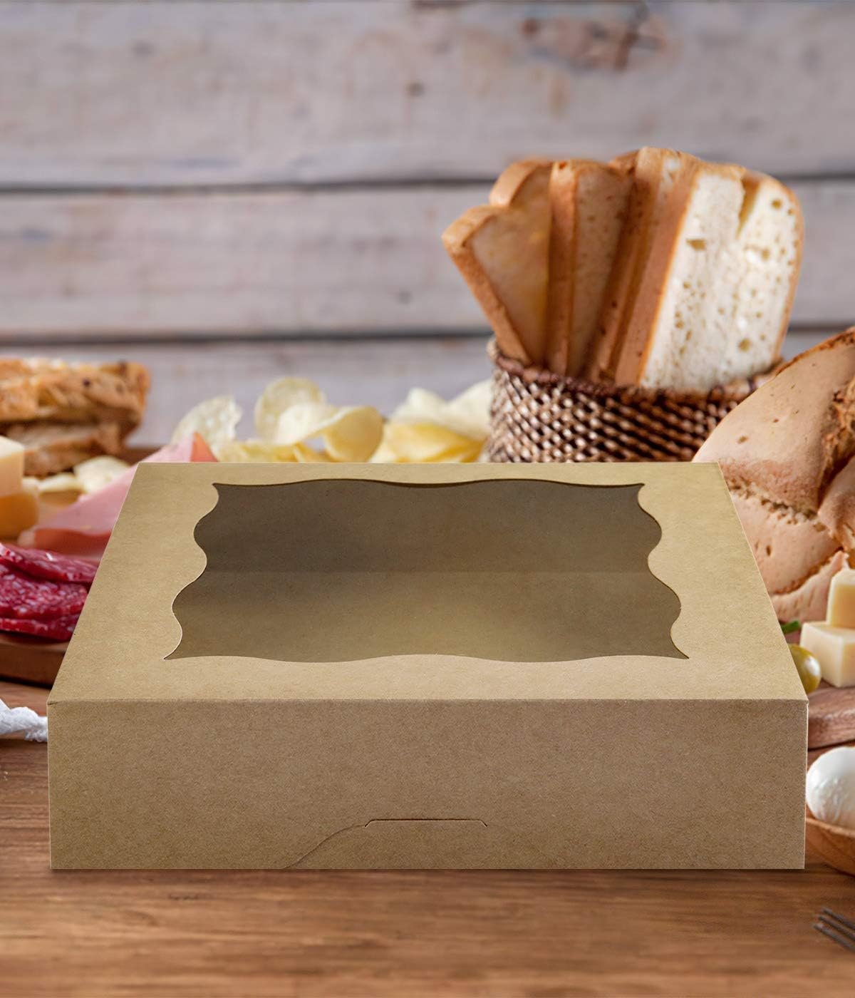 Produttore di Scatole per Torte e Biscotti 10x10x3 pollici Marrone con Finestra PVC Carta Kraft Naturale Logo Personalizzato Confezione da 15 Marchio Bianco