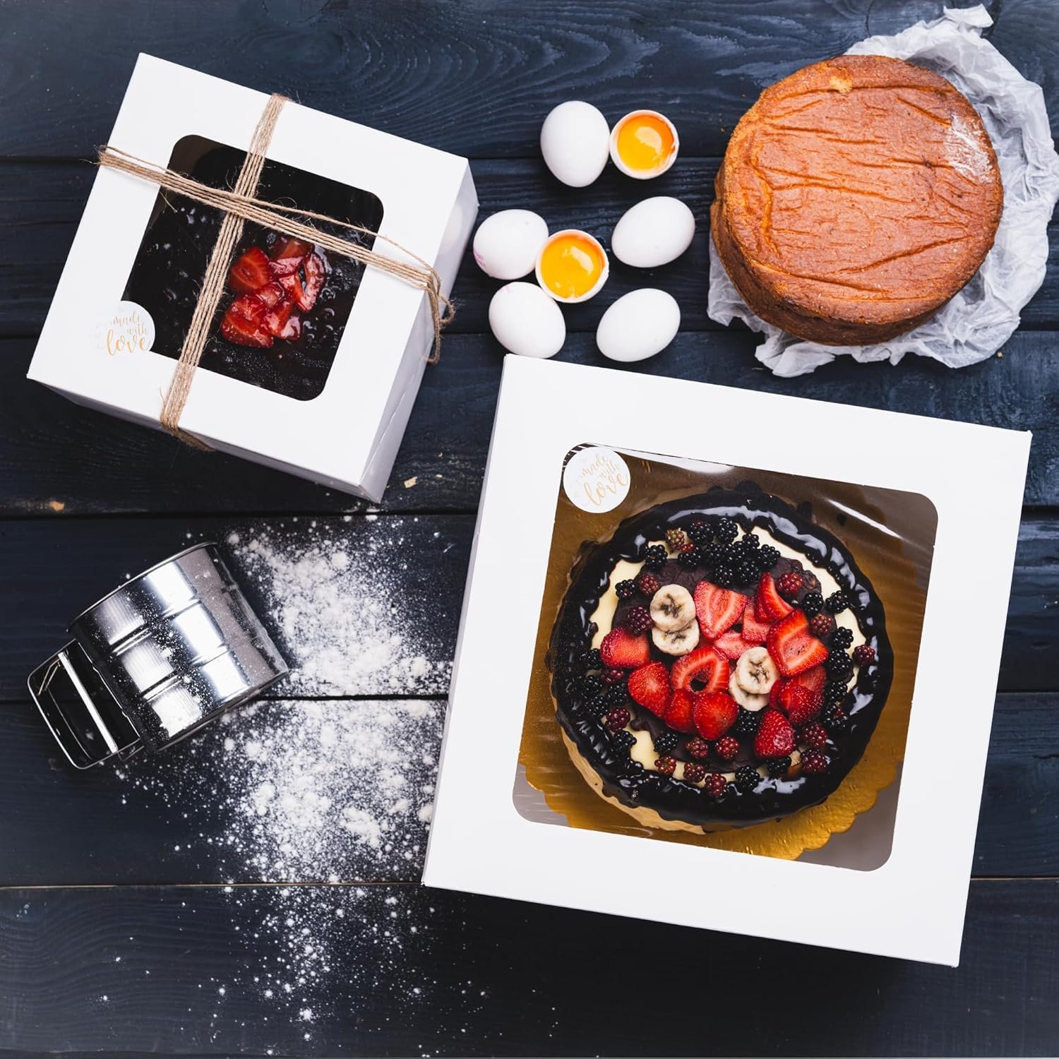 Logo Personalizzato Scatole per Torte 8x8x4 Pollici 25 Pezzi con Finestra 30 Adesivi Bonus Auto Popup Extra Spesse Resistenti all'Olio Marchio Bianco Ideali per Biscotti Torte Dolcetti Pasticceria Panetteria Uso Domestico Ristoranti Bianche Produttore