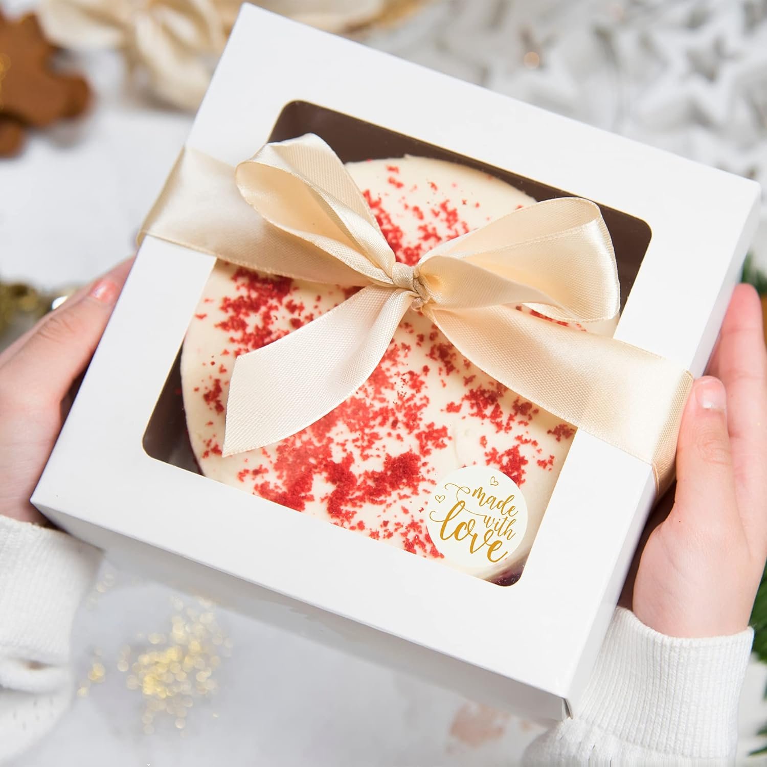 Logo Personalizzato Scatole per Torte 8x8x4 Pollici 25 Pezzi con Finestra 30 Adesivi Bonus Auto Popup Extra Spesse Resistenti all'Olio Marchio Bianco Ideali per Biscotti Torte Dolcetti Pasticceria Panetteria Uso Domestico Ristoranti Bianche Produttore