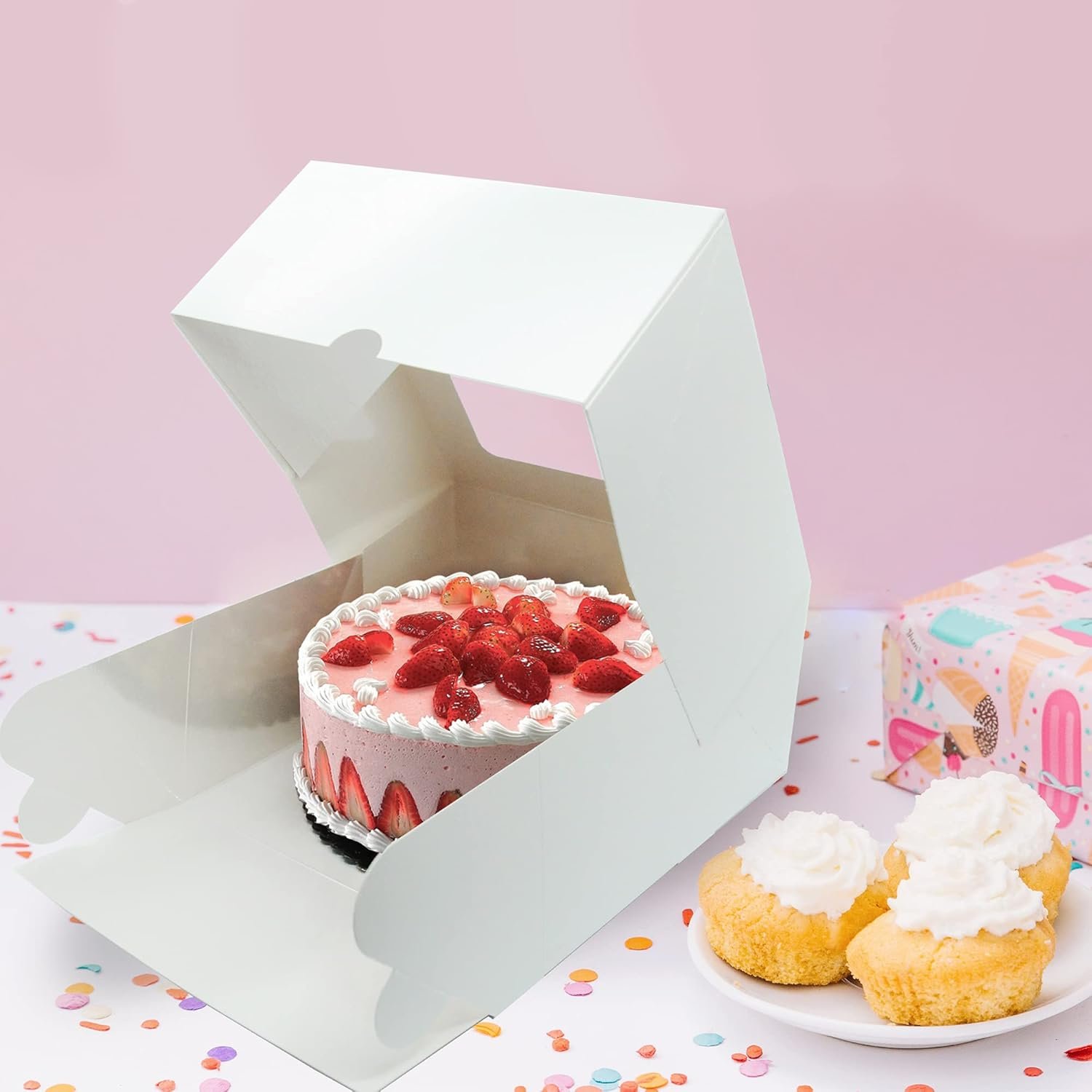 Logo Personalizzato Scatole per Torte 8x8x4 Pollici 25 Pezzi con Finestra 30 Adesivi Bonus Auto Popup Extra Spesse Resistenti all'Olio Marchio Bianco Ideali per Biscotti Torte Dolcetti Pasticceria Panetteria Uso Domestico Ristoranti Bianche Produttore