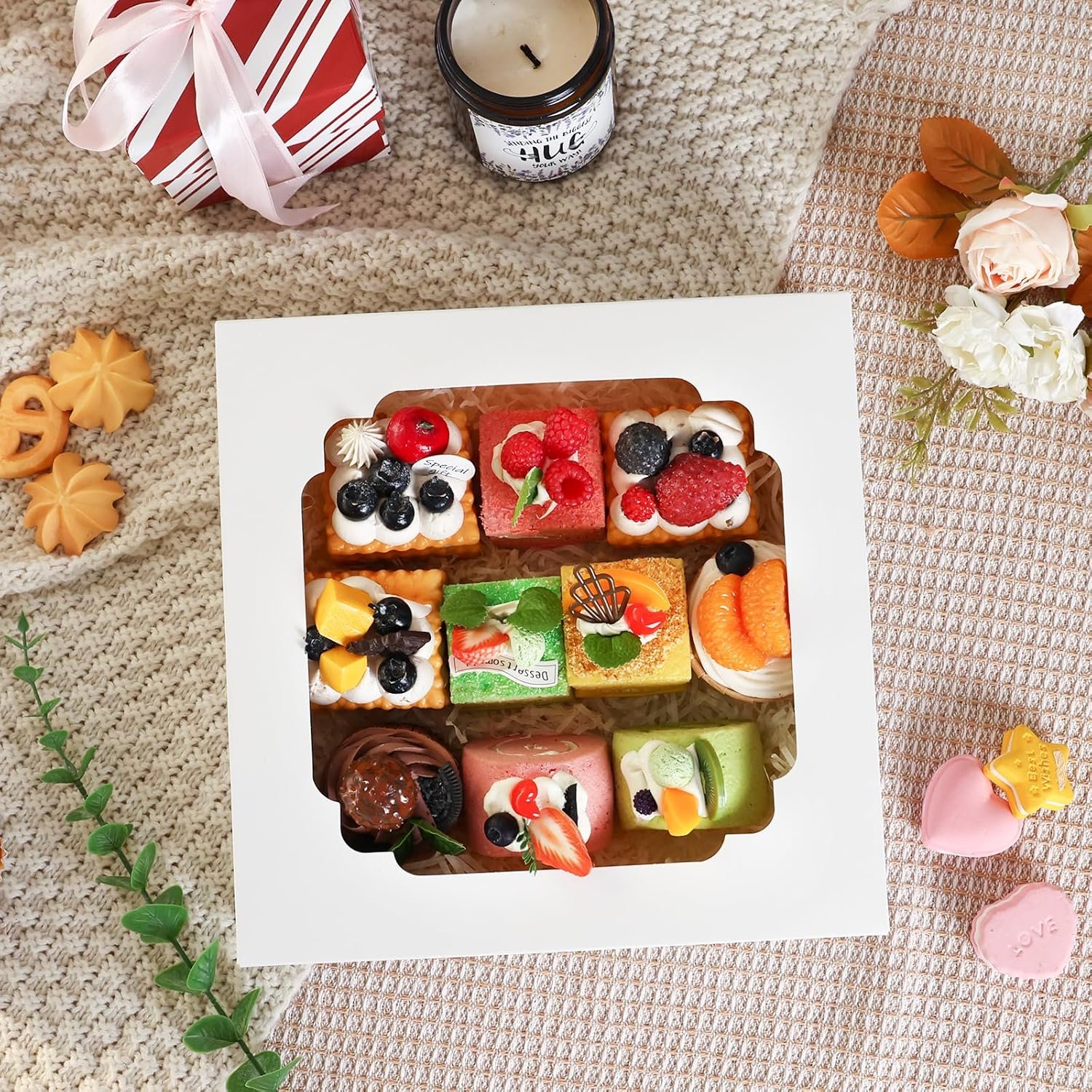 Scatole per Torte con Logo Personalizzato 56 Pezzi 10x10x2.5 Pollici con Finestra Marchio Bianco dal Fornitore per Biscotti Pasticcini Muffin Ciambelle