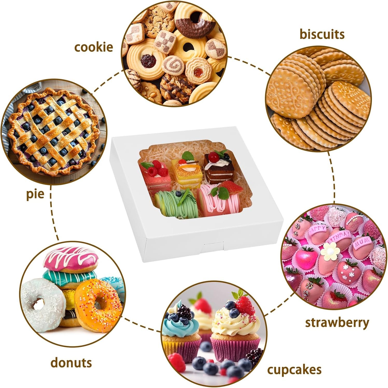 Scatole per Torte con Logo Personalizzato 56 Pezzi 10x10x2.5 Pollici con Finestra Marchio Bianco dal Fornitore per Biscotti Pasticcini Muffin Ciambelle