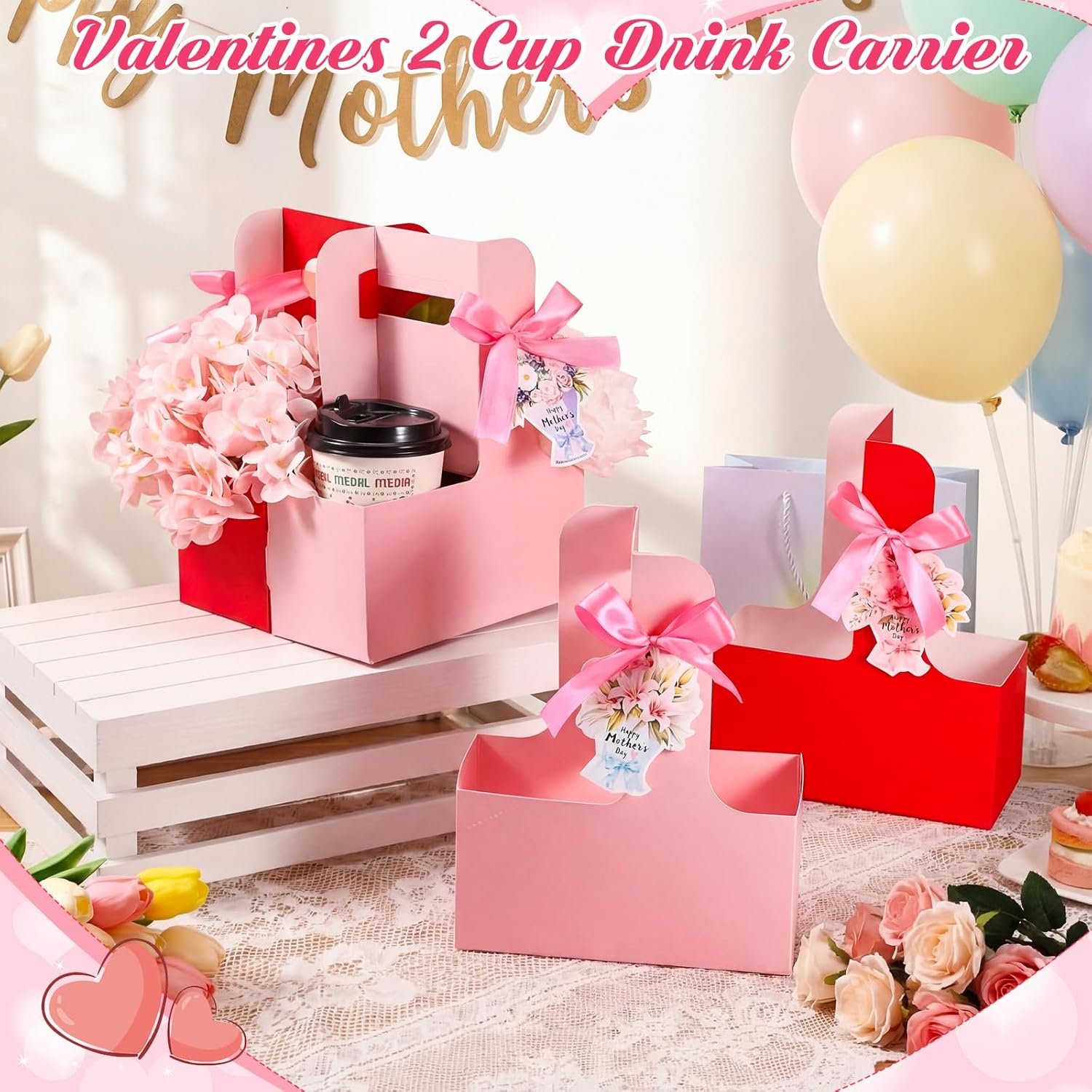 Logo Personalizzato Confezione da 12 Portabicchieri 2 Tazze con Maniglia Festa della Mamma Portatazza Cartone Portatile Cartolina Nastro Fornitore Diretto Marchio Bianco
