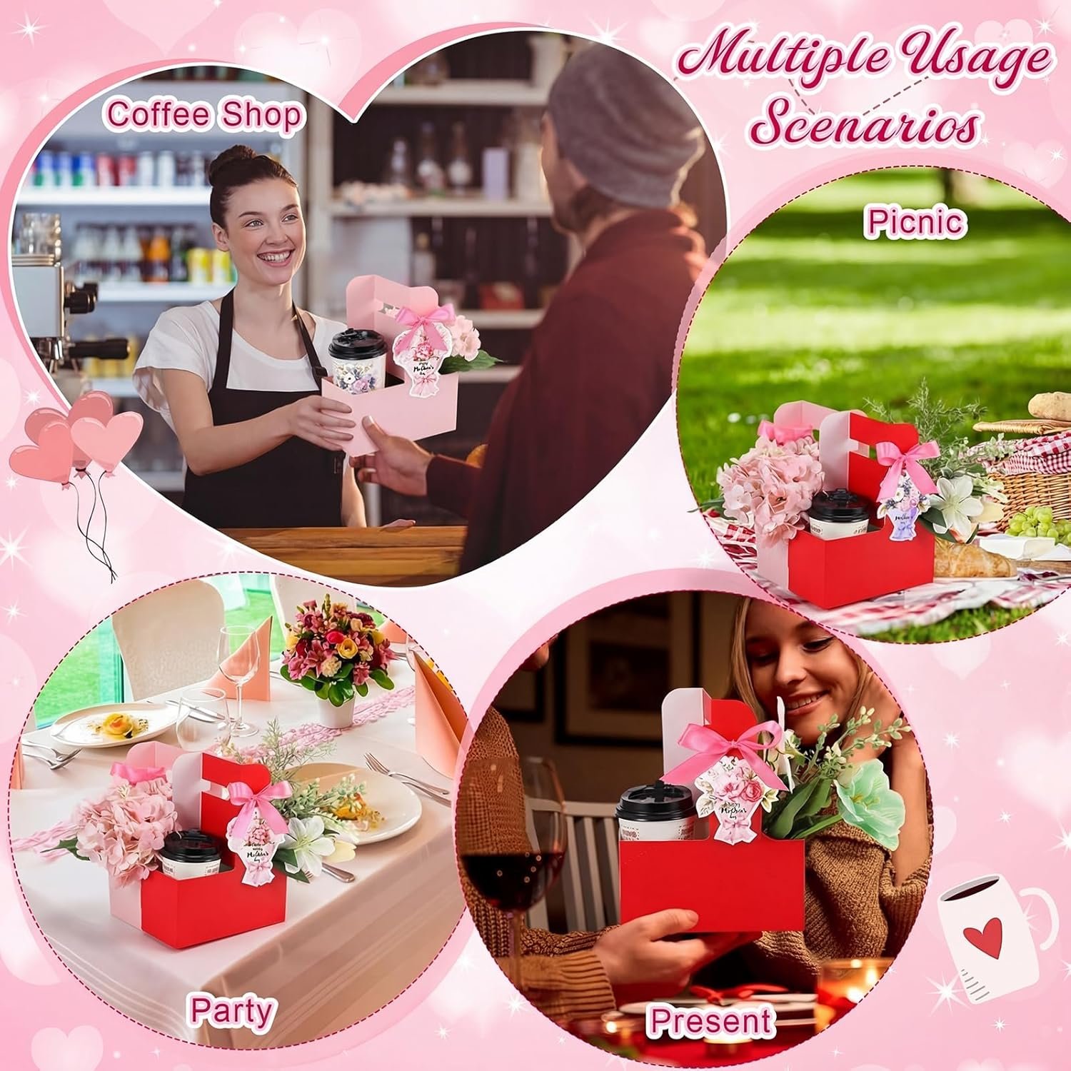 Logo Personalizzato Confezione da 12 Portabicchieri 2 Tazze con Maniglia Festa della Mamma Portatazza Cartone Portatile Cartolina Nastro Fornitore Diretto Marchio Bianco
