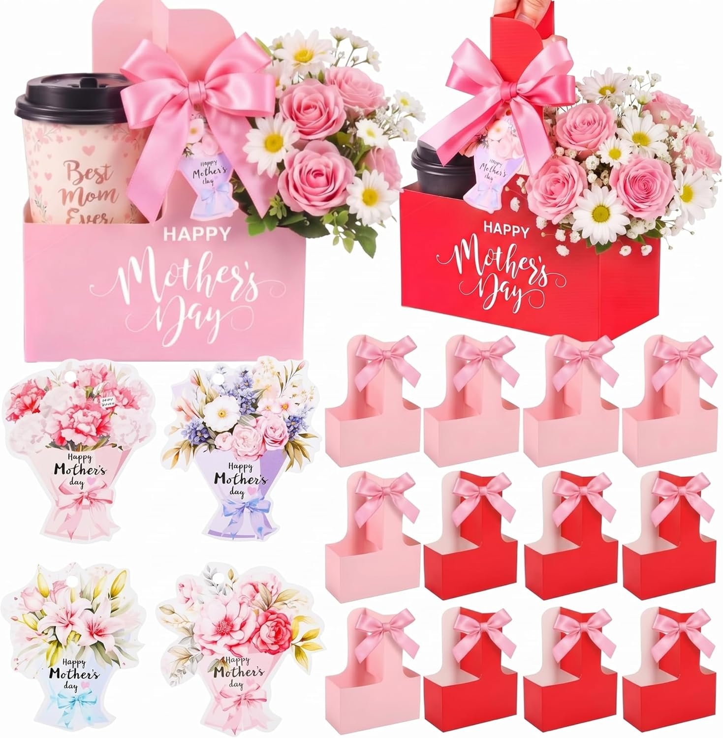 Logo Personalizzato Confezione da 12 Portabicchieri 2 Tazze con Maniglia Festa della Mamma Portatazza Cartone Portatile Cartolina Nastro Fornitore Diretto Marchio Bianco