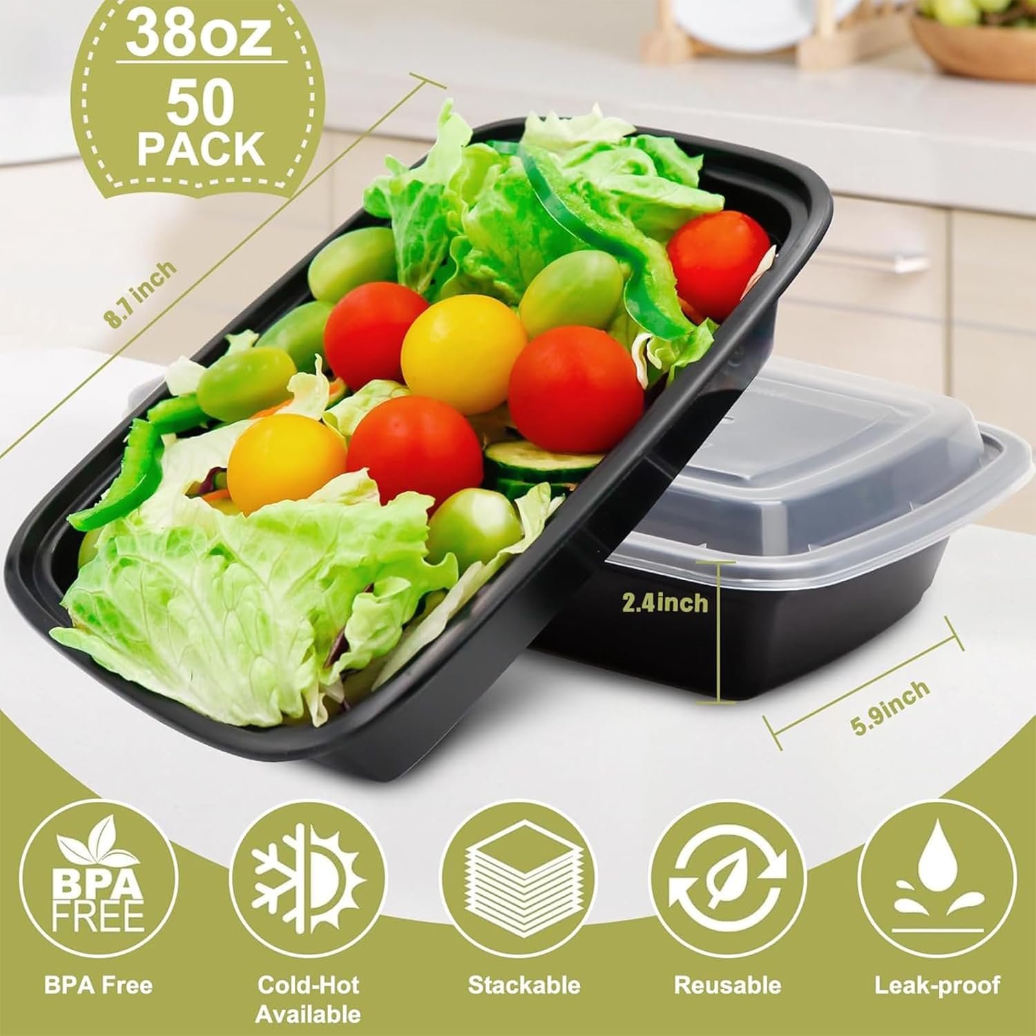 Logo Personalizzato sui Contenitori Meal Prep 38oz Confezione da 50 in Plastica Monouso con Coperchi Senza BPA Adatti per Microonde Lavastoviglie e Congelatore con Marchio Bianco del Produttore