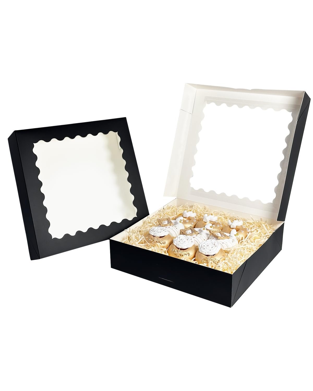 Produttore Scatole Torte Nere 20 pz 12x12x3 inches Facili da Assemblare con Finestra Marchio Bianco per Macarons Biscotti Pasticceria Pop-Up Logo Personalizzato