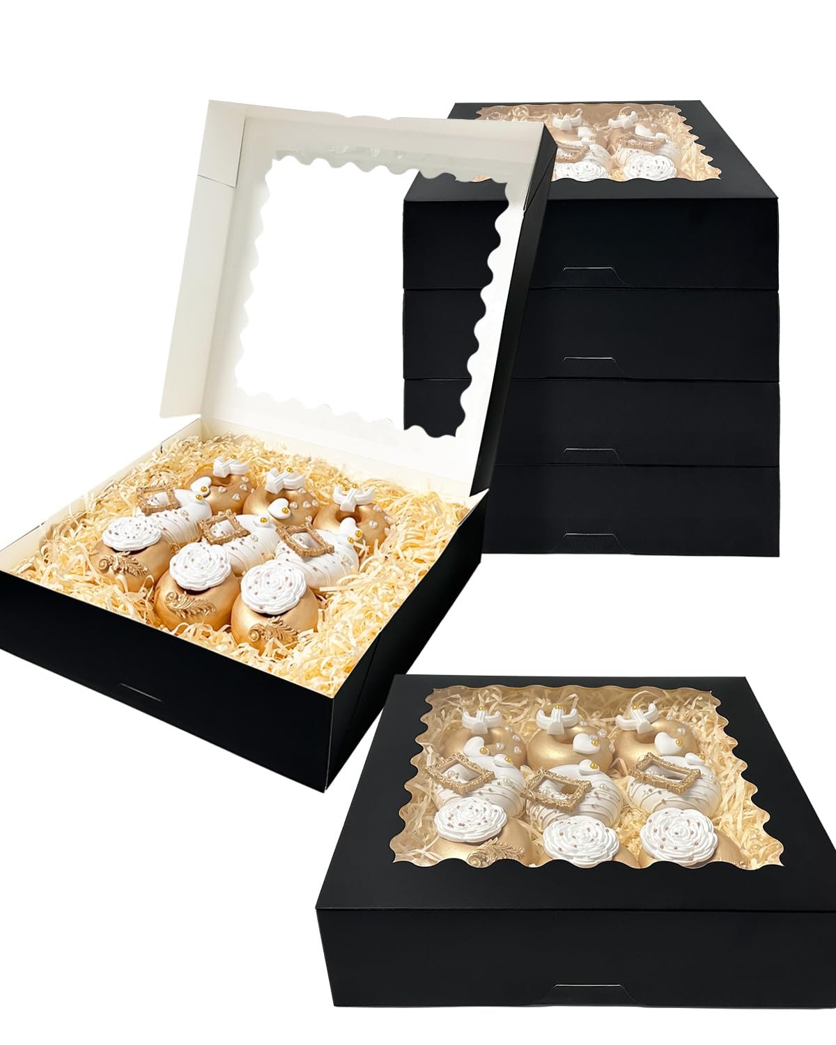 Produttore Scatole Torte Nere 20 pz 12x12x3 inches Facili da Assemblare con Finestra Marchio Bianco per Macarons Biscotti Pasticceria Pop-Up Logo Personalizzato