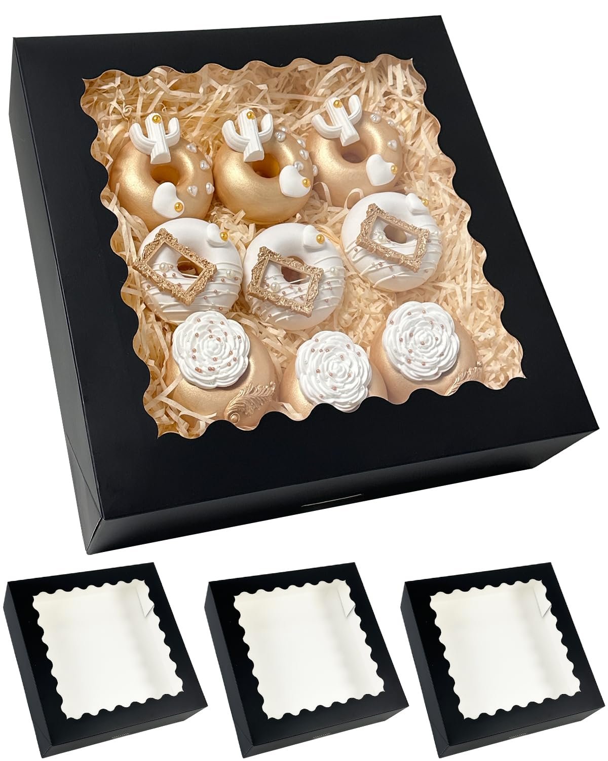 Produttore Scatole Torte Nere 20 pz 12x12x3 inches Facili da Assemblare con Finestra Marchio Bianco per Macarons Biscotti Pasticceria Pop-Up Logo Personalizzato