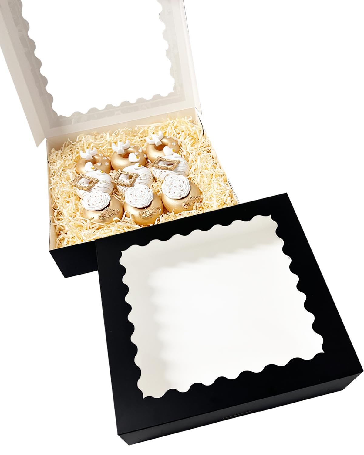 Produttore Scatole Torte Nere 20 pz 12x12x3 inches Facili da Assemblare con Finestra Marchio Bianco per Macarons Biscotti Pasticceria Pop-Up Logo Personalizzato