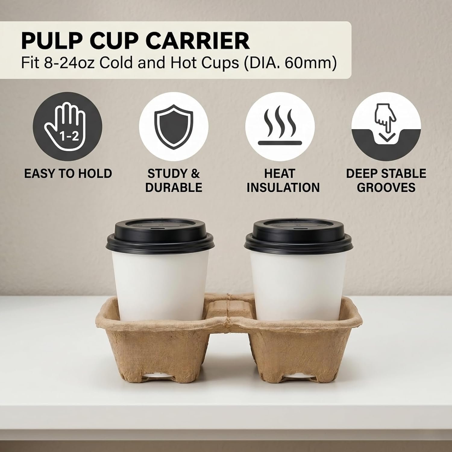 Logo Personalizzato Portabicchieri monouso a 2 tazze confezione da 100 perforati in fibra di polpa per bevande calde e fredde con Marchio Bianco vassoi da asporto per ristoranti caffè e consegne cibo auto Fornitore