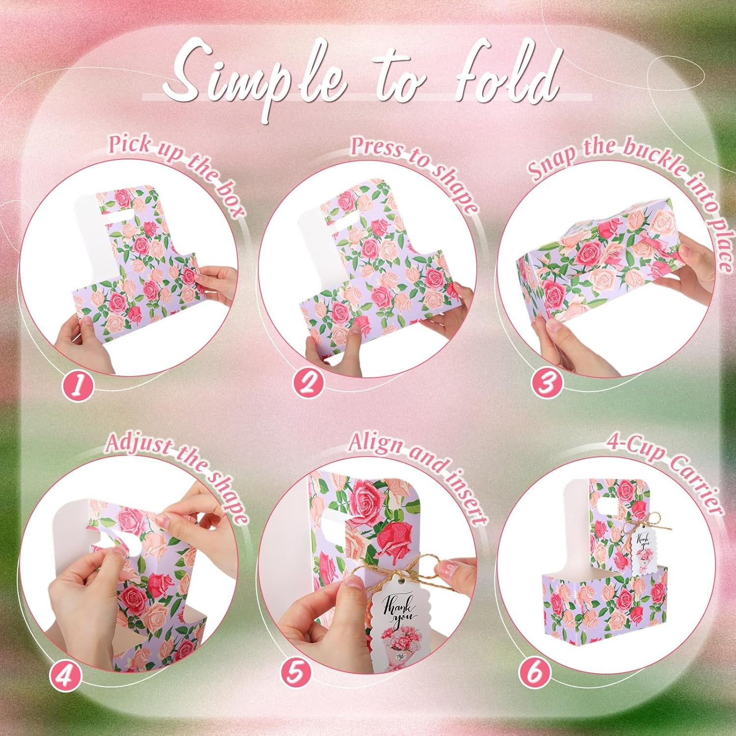 Produttore Confezione da 20 Portabevande per 2 Tazze con Manico Floreale Festa della Mamma con Biglietti e Corde Logo Personalizzato Cartone Usa e Getta Pieghevole per Bevande Calde Fredde Consegne Cibo Marchio Bianco