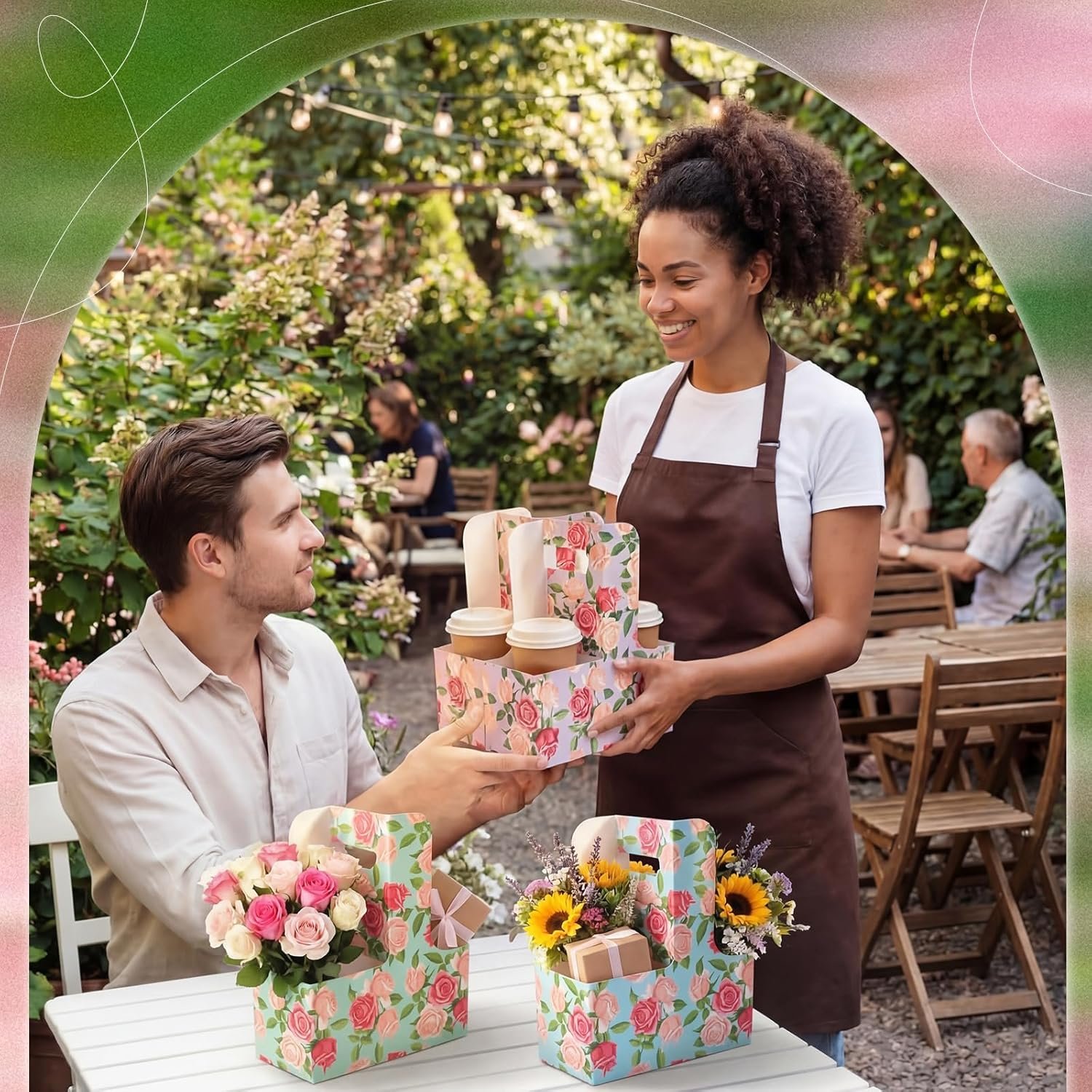 Produttore Confezione da 20 Portabevande per 2 Tazze con Manico Floreale Festa della Mamma con Biglietti e Corde Logo Personalizzato Cartone Usa e Getta Pieghevole per Bevande Calde Fredde Consegne Cibo Marchio Bianco