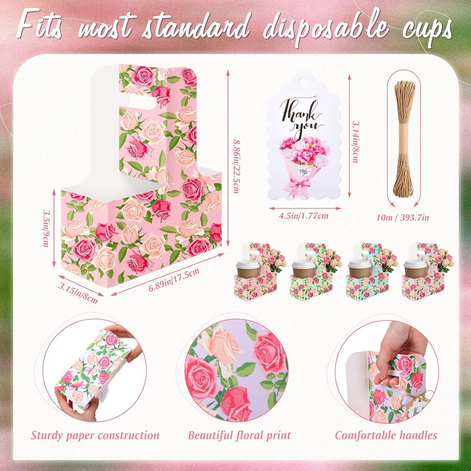Produttore Confezione da 20 Portabevande per 2 Tazze con Manico Floreale Festa della Mamma con Biglietti e Corde Logo Personalizzato Cartone Usa e Getta Pieghevole per Bevande Calde Fredde Consegne Cibo Marchio Bianco