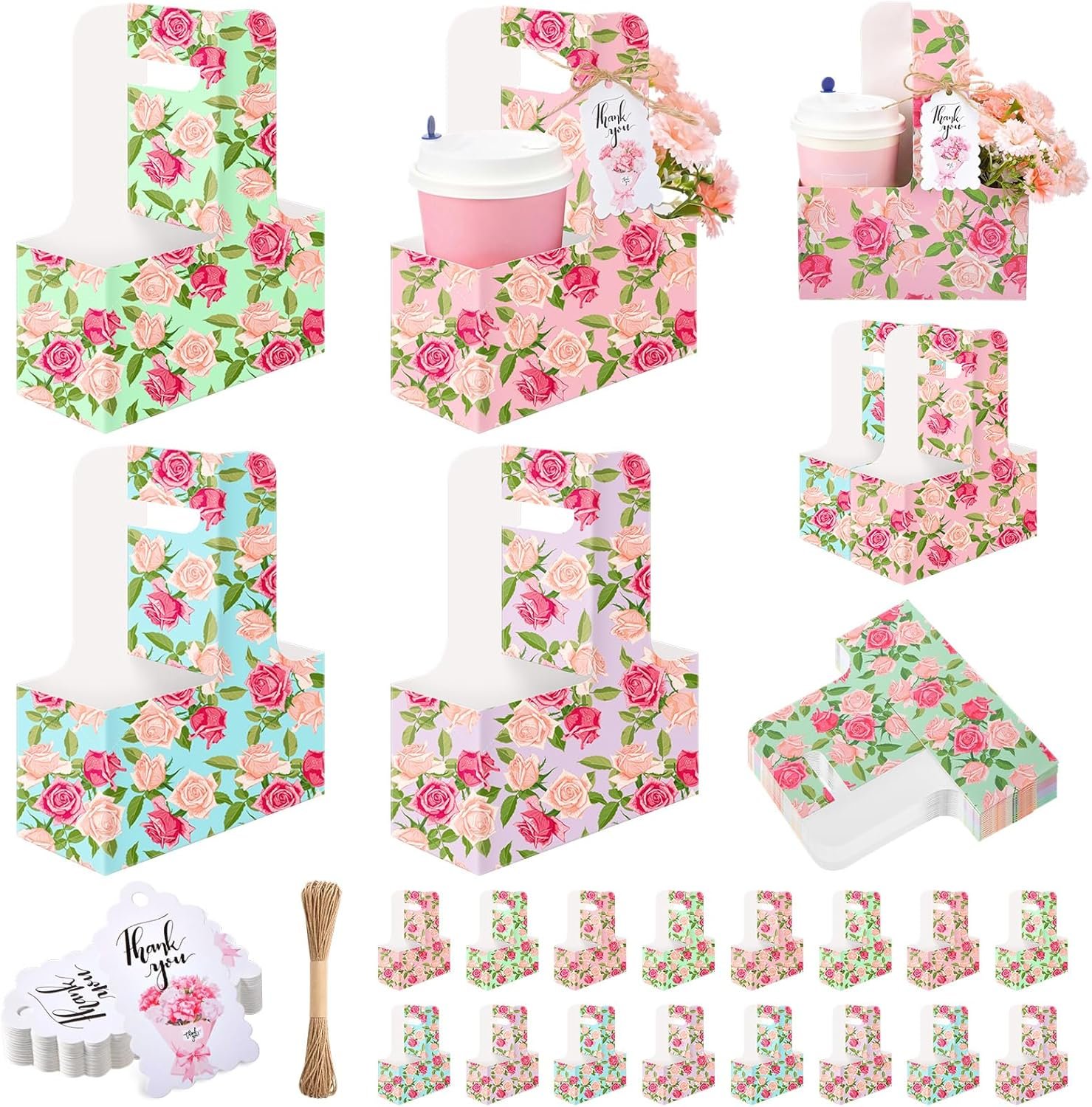Produttore Confezione da 20 Portabevande per 2 Tazze con Manico Floreale Festa della Mamma con Biglietti e Corde Logo Personalizzato Cartone Usa e Getta Pieghevole per Bevande Calde Fredde Consegne Cibo Marchio Bianco