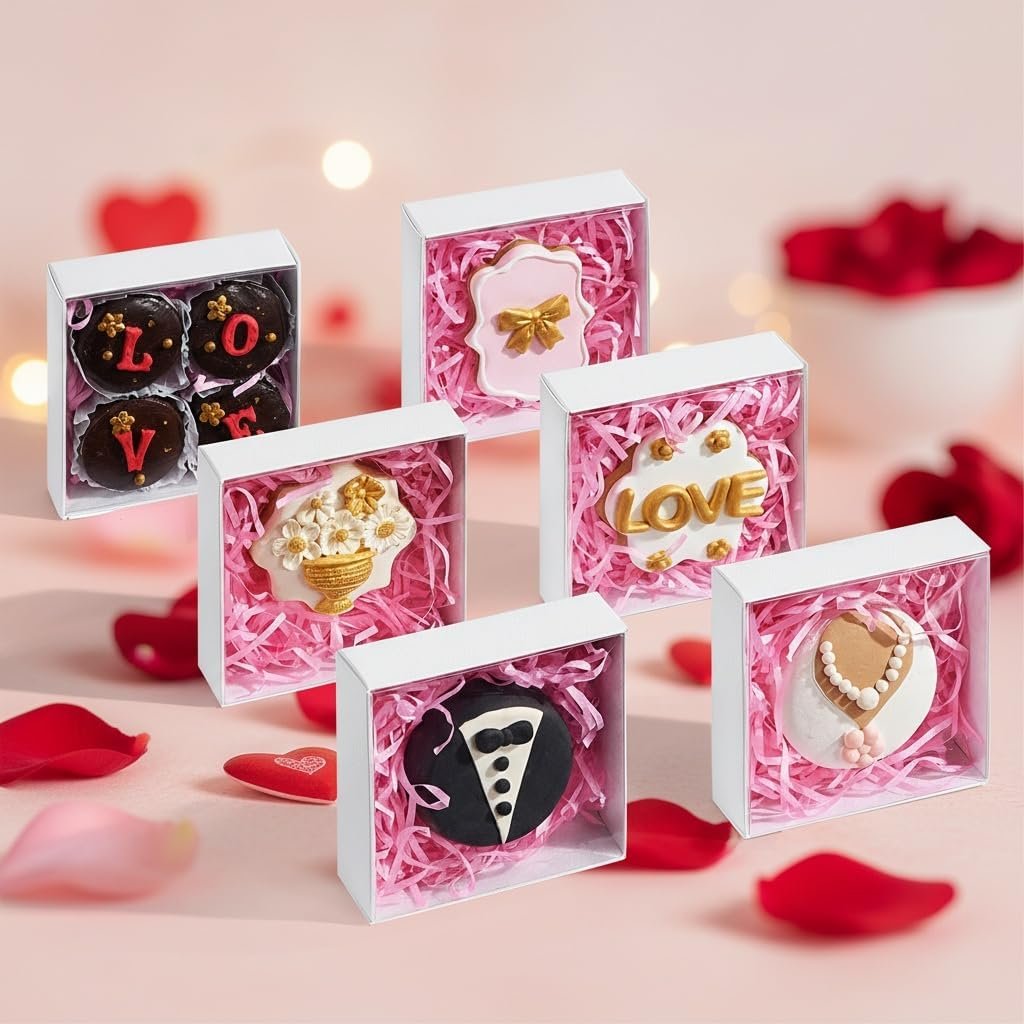Logo Personalizzato Scatole per Dolcetti 4x4x1.25 Pollici 25 Pezzi con Coperchio Trasparente per Biscotti Macaron Cakesicle Donut Pasticceria Biscotti Ricoperti di Cioccolato Marchio Bianco Produttore