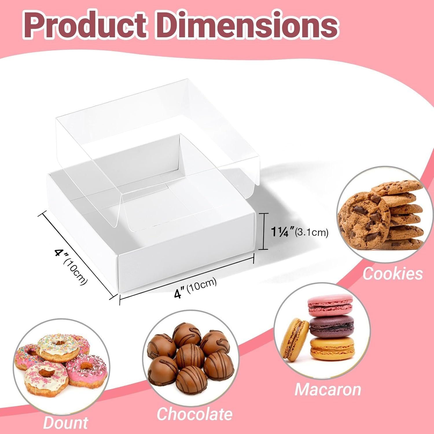 Logo Personalizzato Scatole per Dolcetti 4x4x1.25 Pollici 25 Pezzi con Coperchio Trasparente per Biscotti Macaron Cakesicle Donut Pasticceria Biscotti Ricoperti di Cioccolato Marchio Bianco Produttore