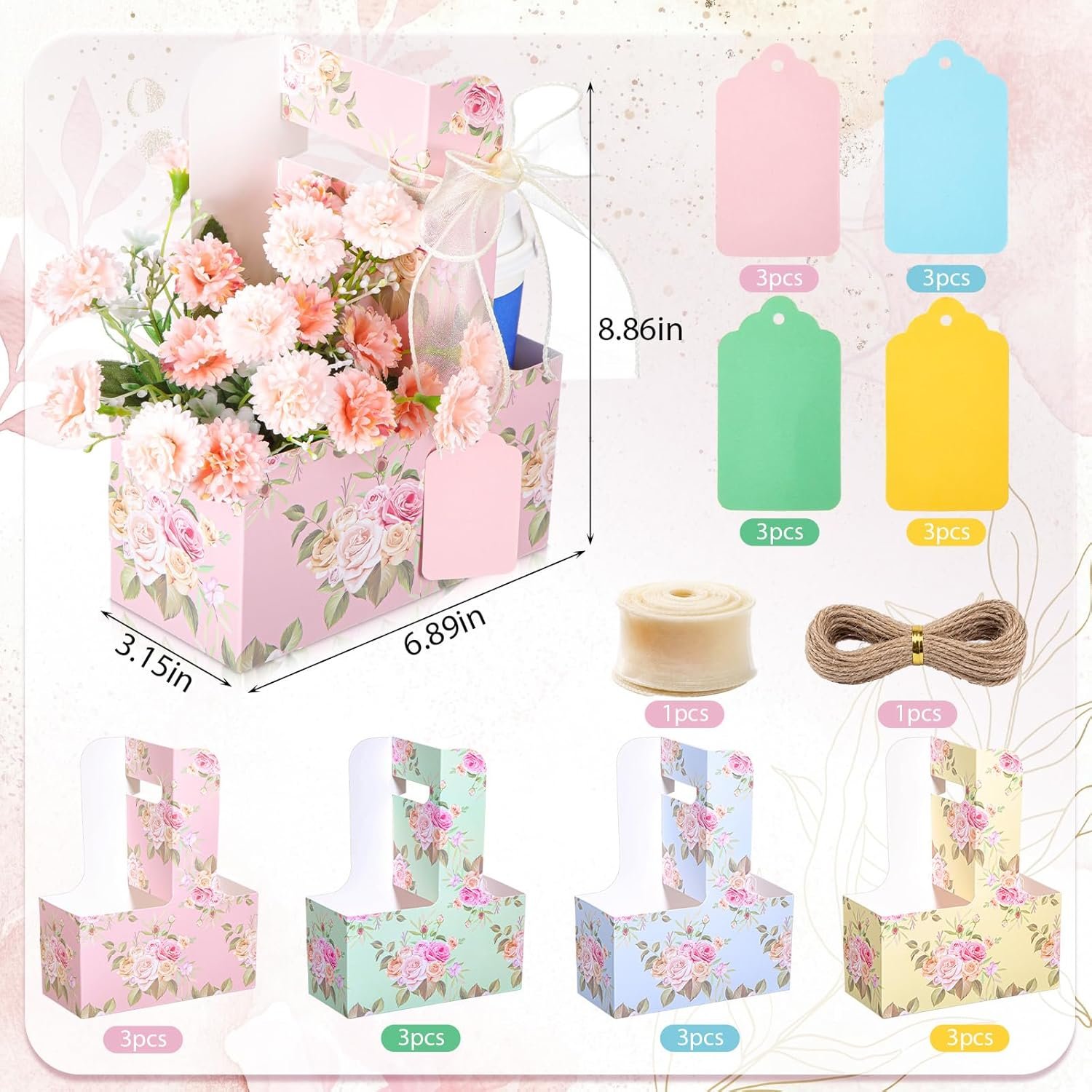 Fornitore Portacaffè Usa e Getta Floreali per 2 Tazze con Manico in Carta Confezione da 12 Portatili con Etichetta Regalo e Nastro con Logo Personalizzato Marchio Bianco per Festa della Mamma Regali Nozze Favore Festa