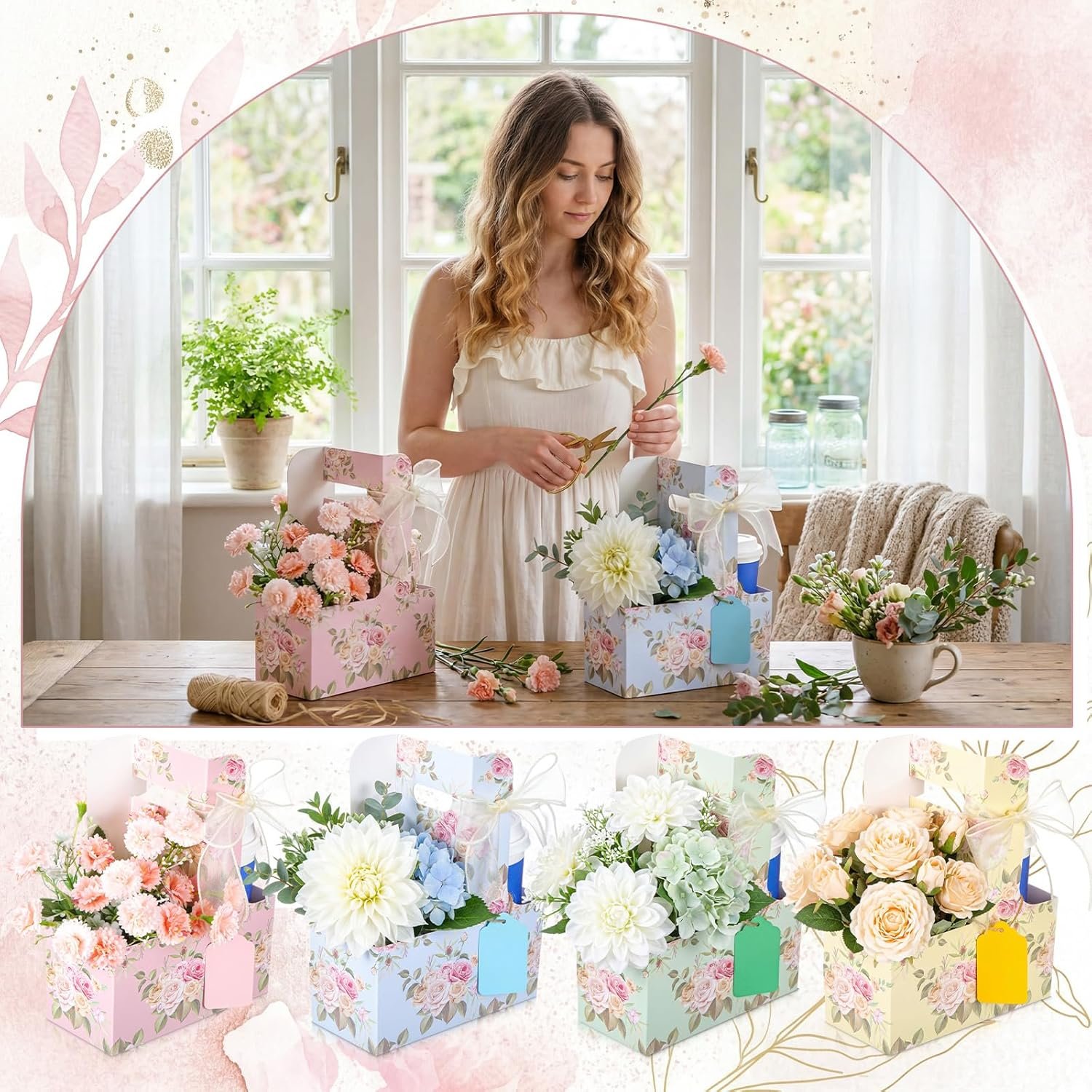 Fornitore Portacaffè Usa e Getta Floreali per 2 Tazze con Manico in Carta Confezione da 12 Portatili con Etichetta Regalo e Nastro con Logo Personalizzato Marchio Bianco per Festa della Mamma Regali Nozze Favore Festa