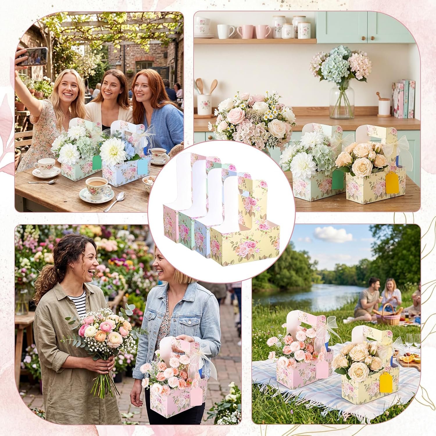 Fornitore Portacaffè Usa e Getta Floreali per 2 Tazze con Manico in Carta Confezione da 12 Portatili con Etichetta Regalo e Nastro con Logo Personalizzato Marchio Bianco per Festa della Mamma Regali Nozze Favore Festa