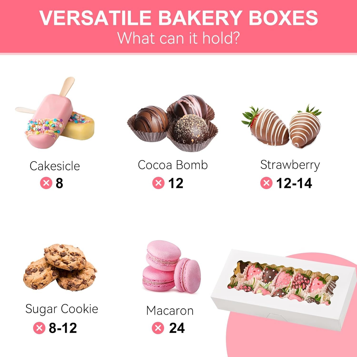 Logo Personalizzato Scatole per Biscotti con Finestra 20 Pezzi 12.5 x 5.5 x 2.5 Pollici Auto-Popup Pasticceria per Fragole Ricoperte di Cioccolato Bombe Cacao Caldo Paste Ciambelle Muffin Marchio Bianco dal Produttore