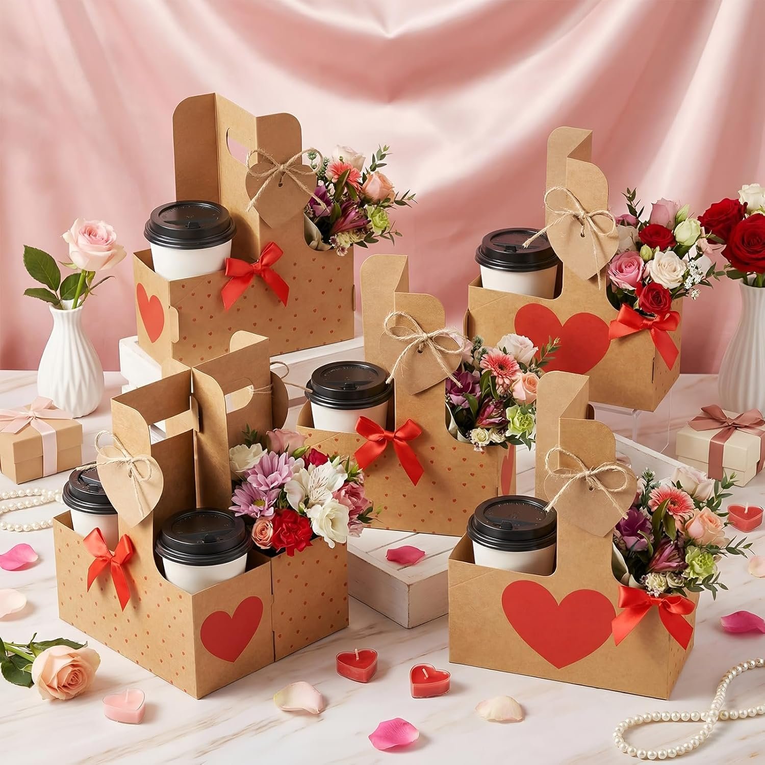 Marchio Bianco Portaporte monouso a cuore per 2 tazze con maniglia Festa della Mamma Logo Personalizzato portabicchieri per regali matrimonio caffè bevande consegna cibi Fornitore confezione 48 pezzi naturale
