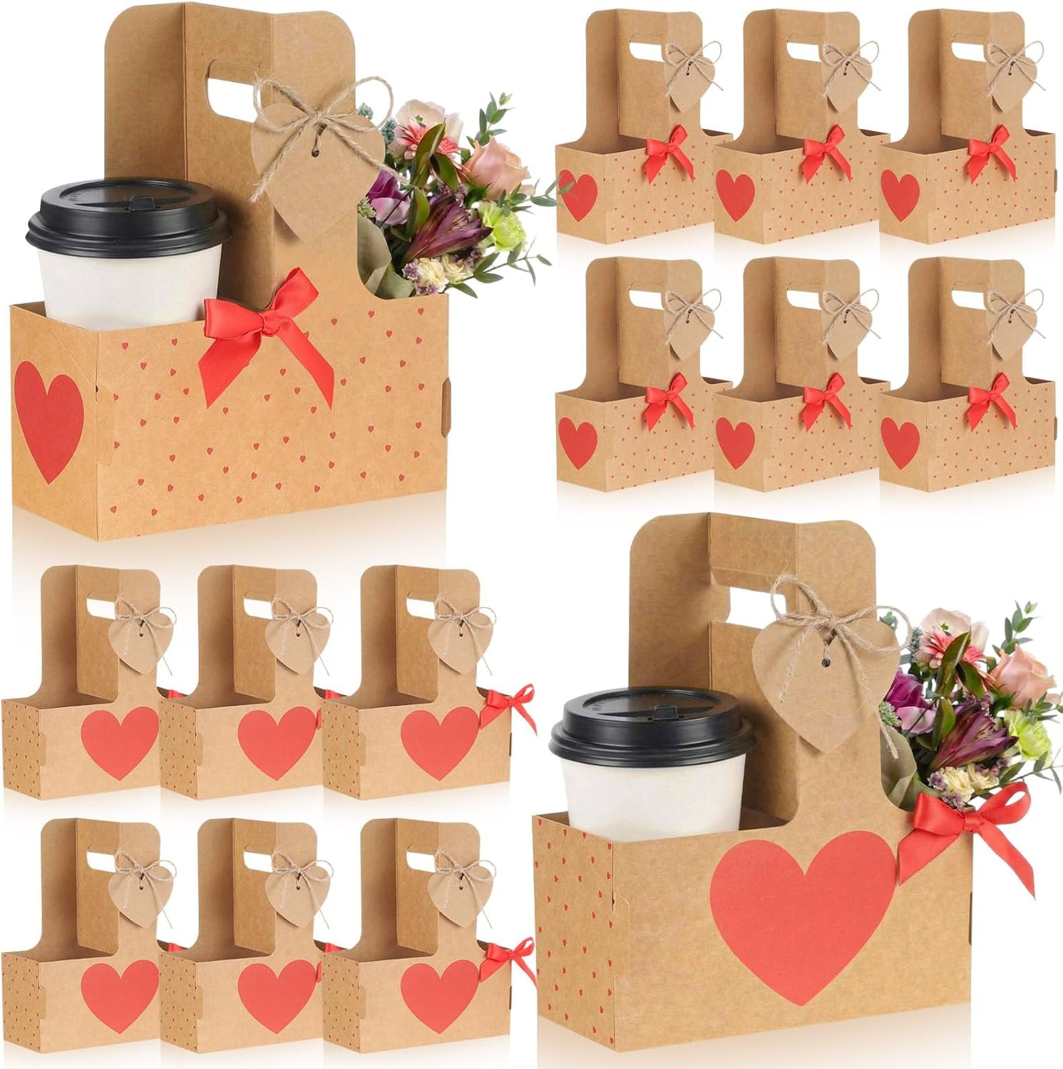 Marchio Bianco Portaporte monouso a cuore per 2 tazze con maniglia Festa della Mamma Logo Personalizzato portabicchieri per regali matrimonio caffè bevande consegna cibi Fornitore confezione 48 pezzi naturale