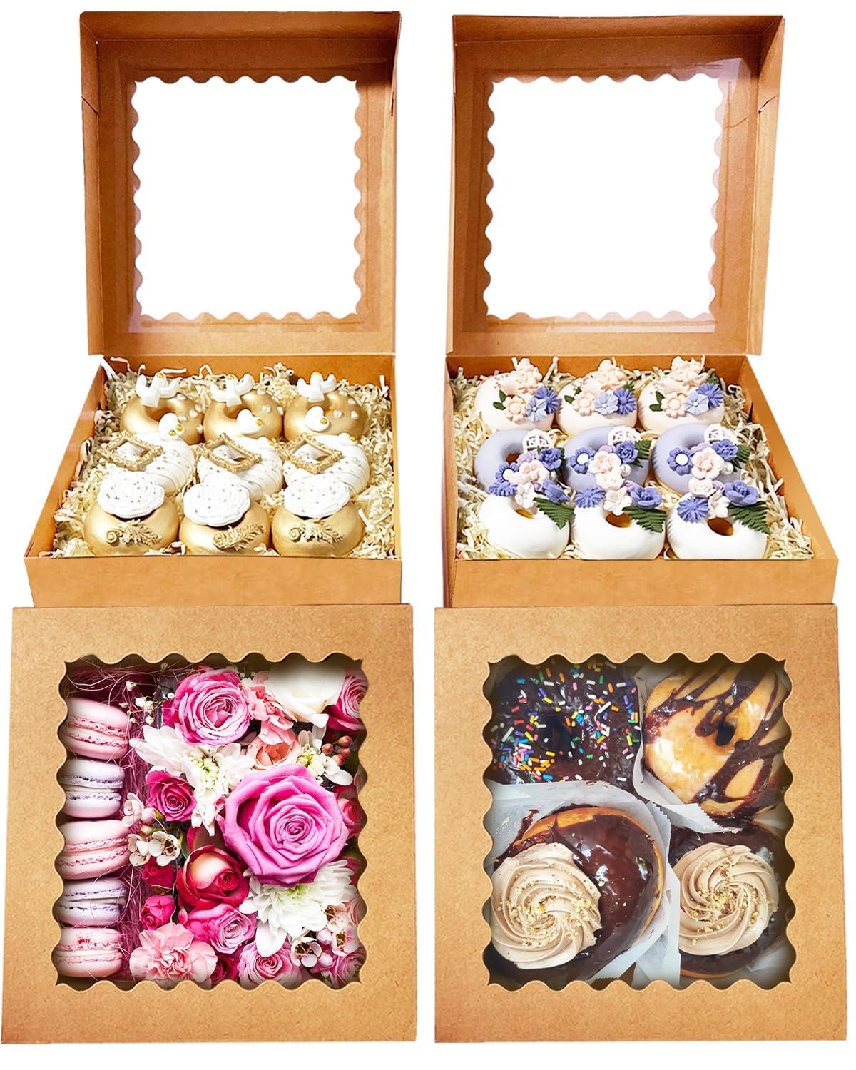 Produttore di Scatole per Torte Biscotti Macaron con Logo Personalizzato 55 Pezzi Marrone 8x8x2.5 Pollici Facili da Assemblare con Finestra Auto Pop-Up Marchio Bianco