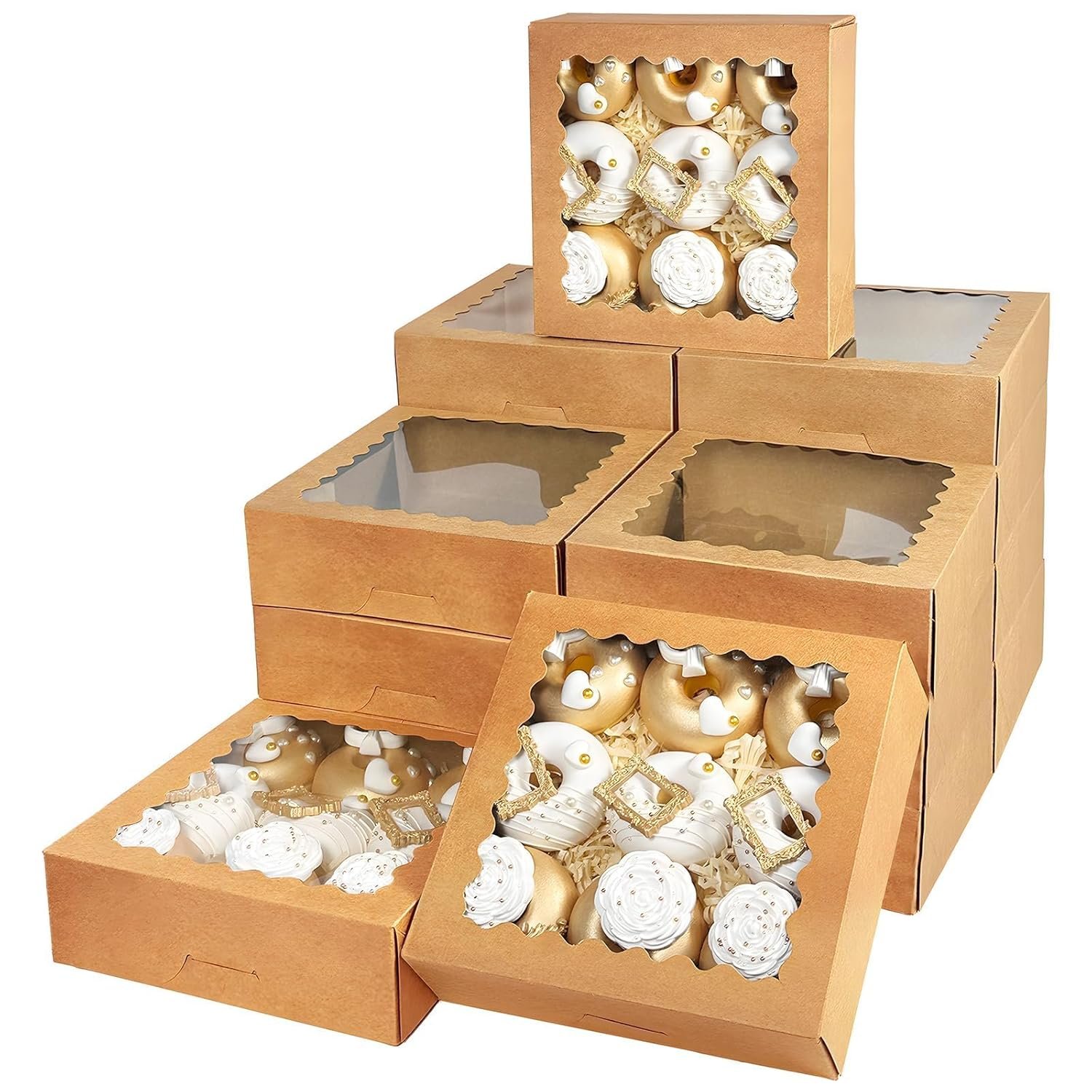 Produttore di Scatole per Torte Biscotti Macaron con Logo Personalizzato 55 Pezzi Marrone 8x8x2.5 Pollici Facili da Assemblare con Finestra Auto Pop-Up Marchio Bianco