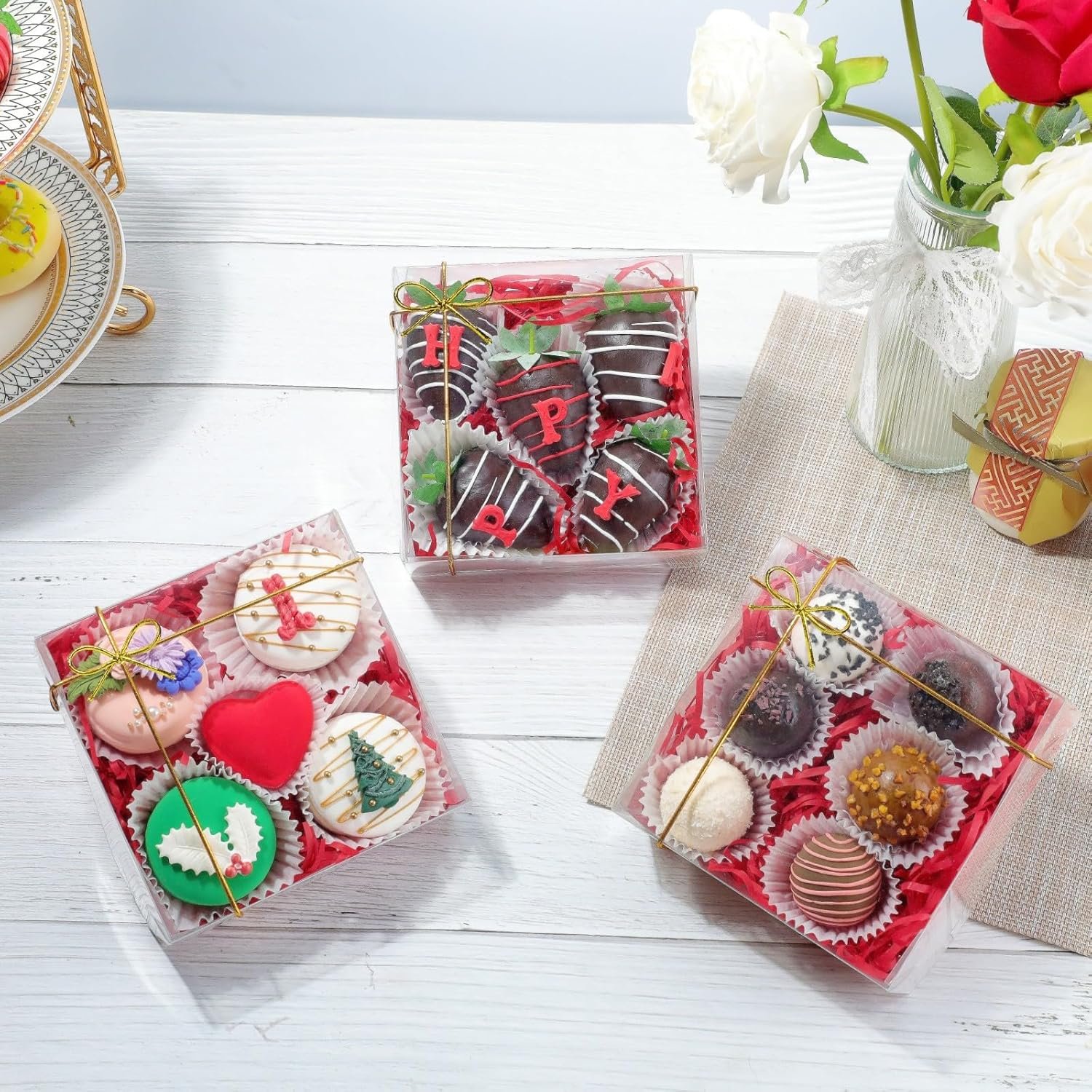 Logo Personalizzato Scatole Trasparenti per Pasticceria 50 Pz 5x5x2 Pollici Marchio Bianco per Fragole Ricoperte di Cioccolato Torte Mini Biscotti Macaron Pie Cakesicle dal Produttore