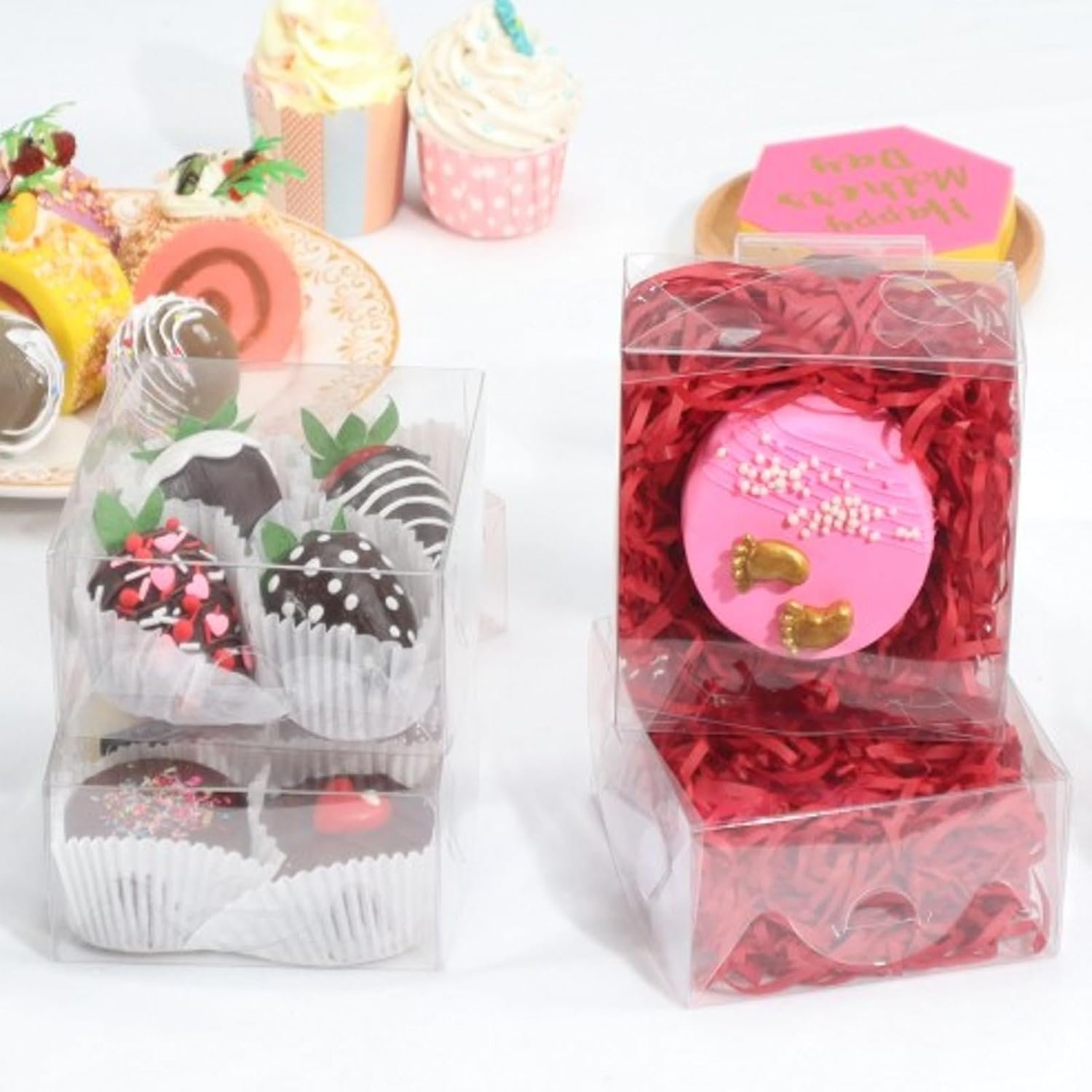 Logo Personalizzato Scatole Trasparenti per Pasticceria 50 Pz 5x5x2 Pollici Marchio Bianco per Fragole Ricoperte di Cioccolato Torte Mini Biscotti Macaron Pie Cakesicle dal Produttore