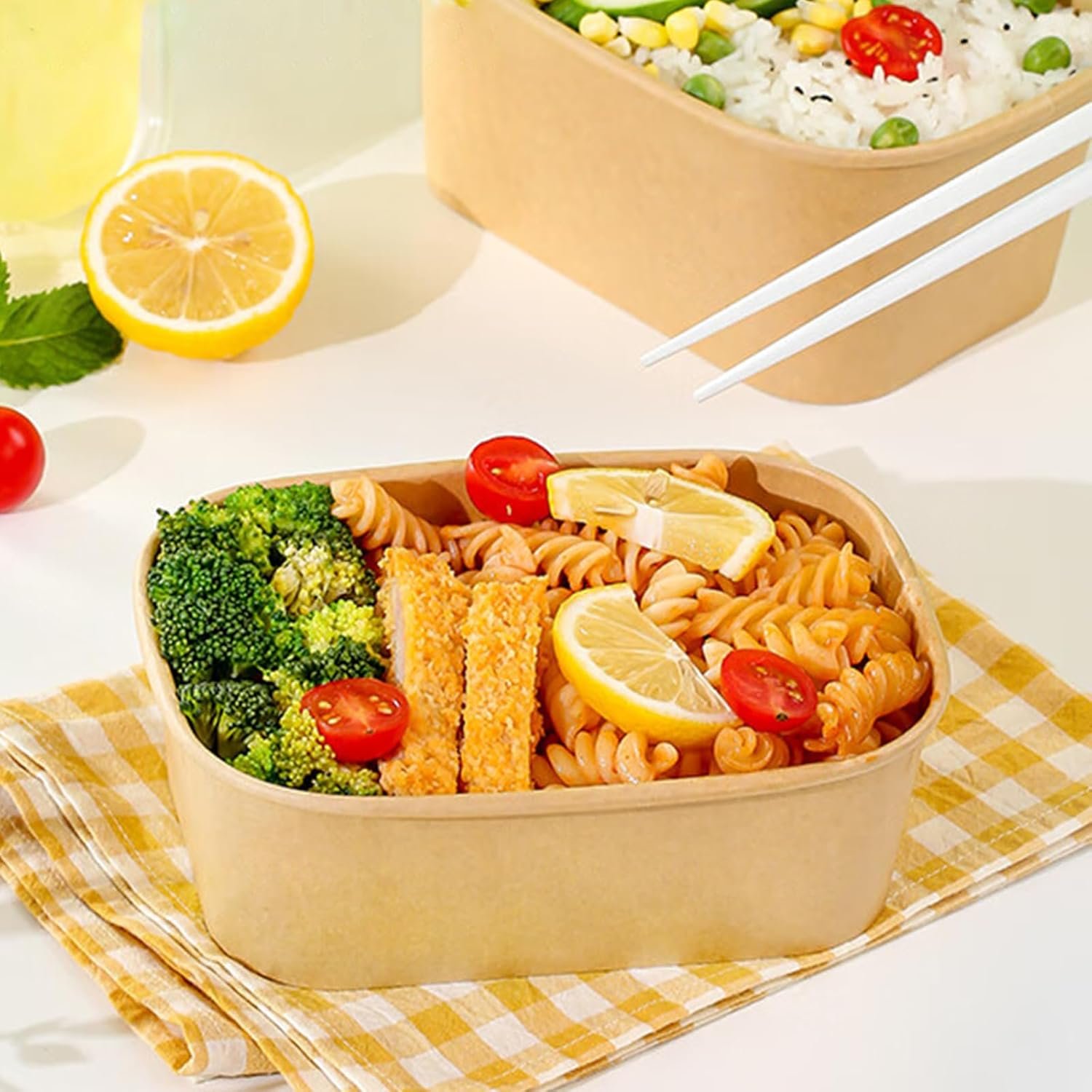 Logo Personalizzato Confezione da 50 Contenitori Carta Kraft 25 OZ Monouso con Coperchi Rettangolari Resistenti all'Olio per Insalata Zuppa Meal Prep Snack Takeaway dal Fornitore Marchio Bianco Microonde Congelatore Sicuri