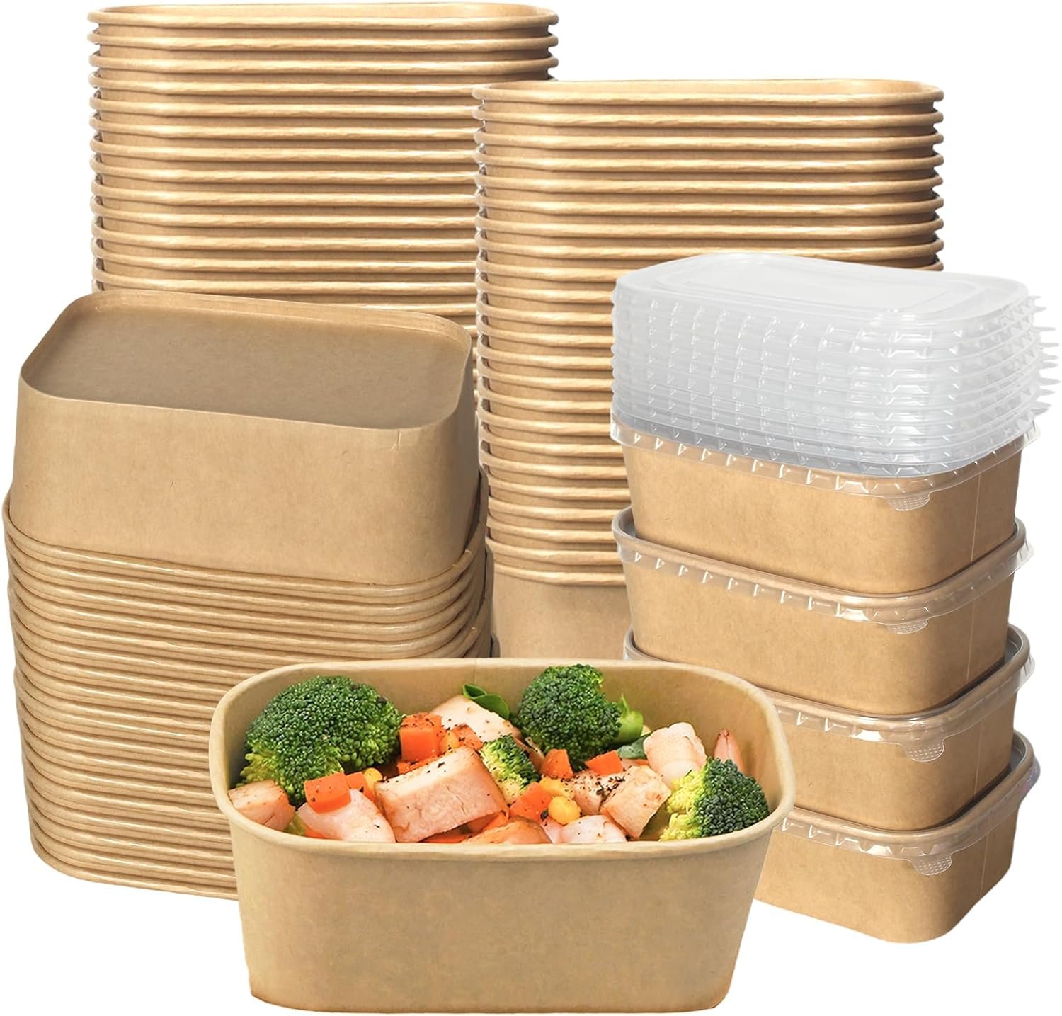 Logo Personalizzato Confezione da 50 Contenitori Carta Kraft 25 OZ Monouso con Coperchi Rettangolari Resistenti all'Olio per Insalata Zuppa Meal Prep Snack Takeaway dal Fornitore Marchio Bianco Microonde Congelatore Sicuri