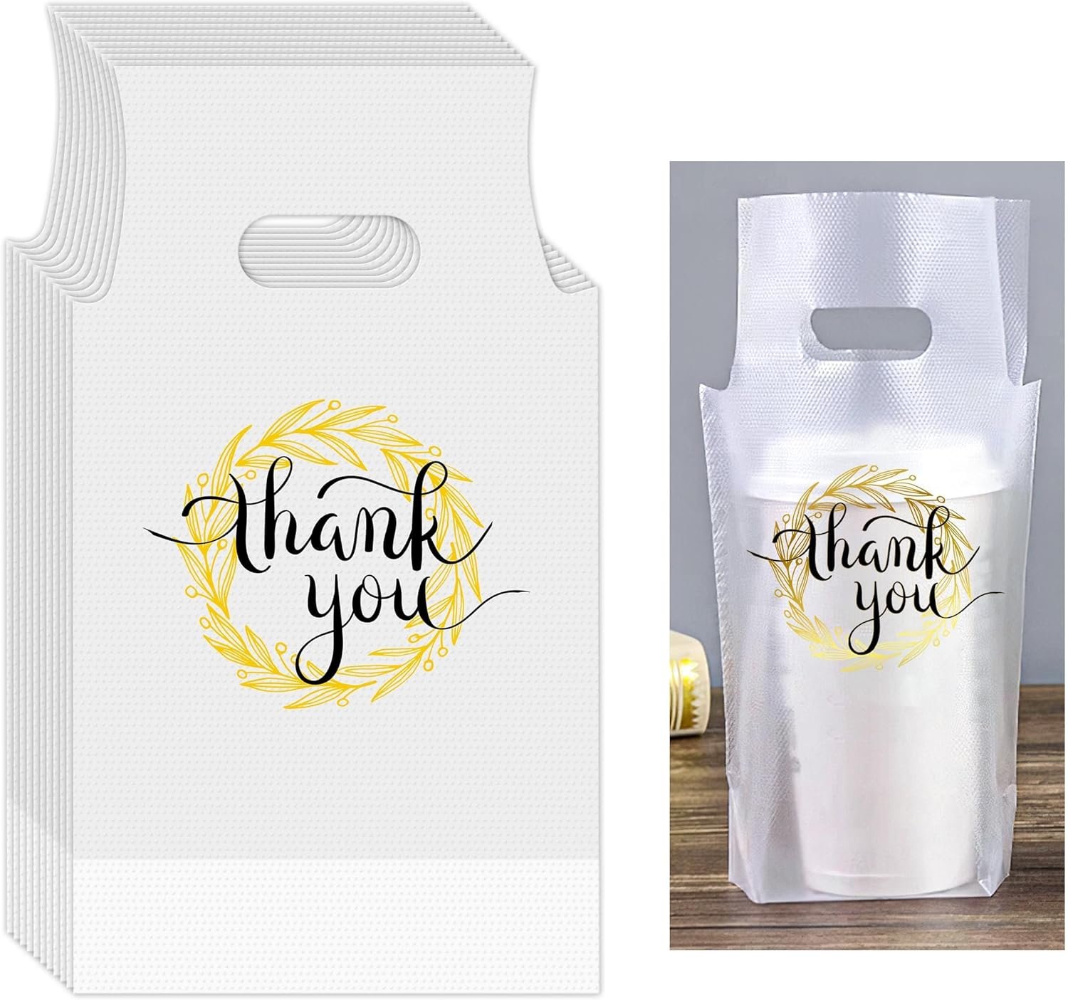Logo Personalizzato Buste con Maniglia Trasparenti per Bicchieri Monouso Asporto Delivery Caffè Succo Milk Tea Marchio Bianco Produttore 200 Pz 28 x 16 cm