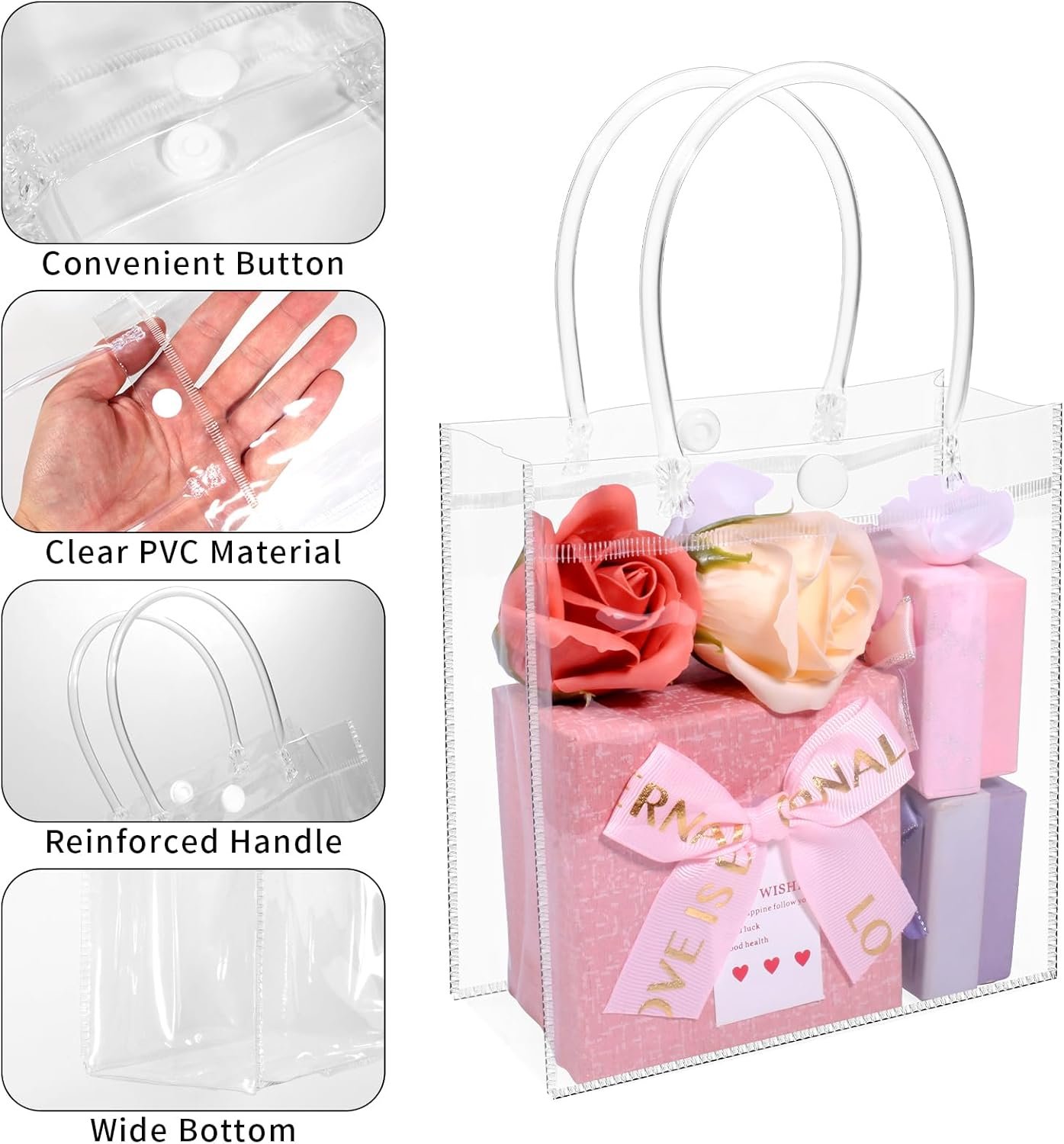 Logo Personalizzato Sacchetti Regalo Plastica Trasparente con Manici Nastri Marchio Bianco Riutilizzabili Matrimonio Baby Shower Compleanno 30 Pezzi 5.9 x 6.3 x 2.8 Fornitore
