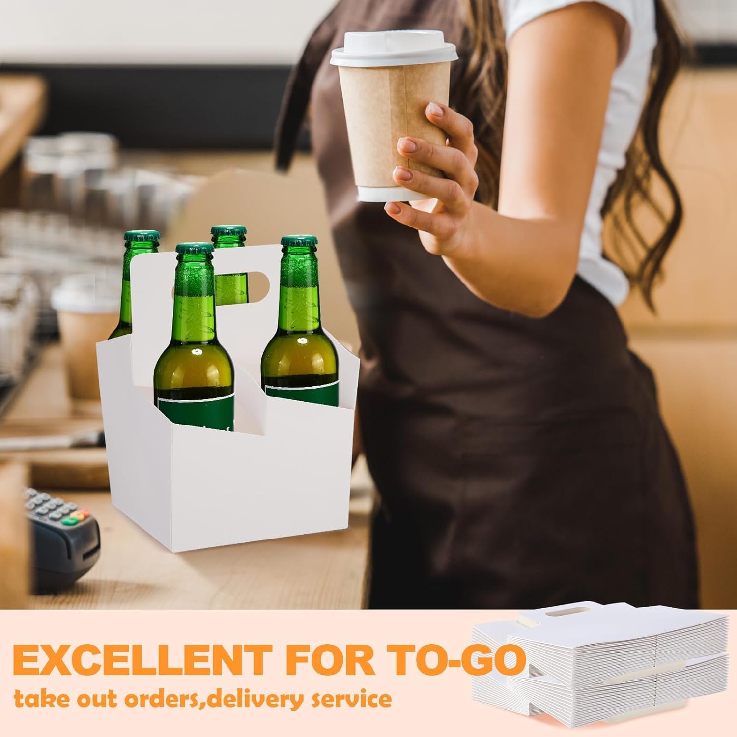 Marchio Bianco Portabirre 4 Bicchieri con Maniglia in Cartone Kraft Monouso per Bevande Calde o Fredde 12-16 oz Consegne Cibo 50 Pezzi con Logo Personalizzato dal Fornitore Bianco