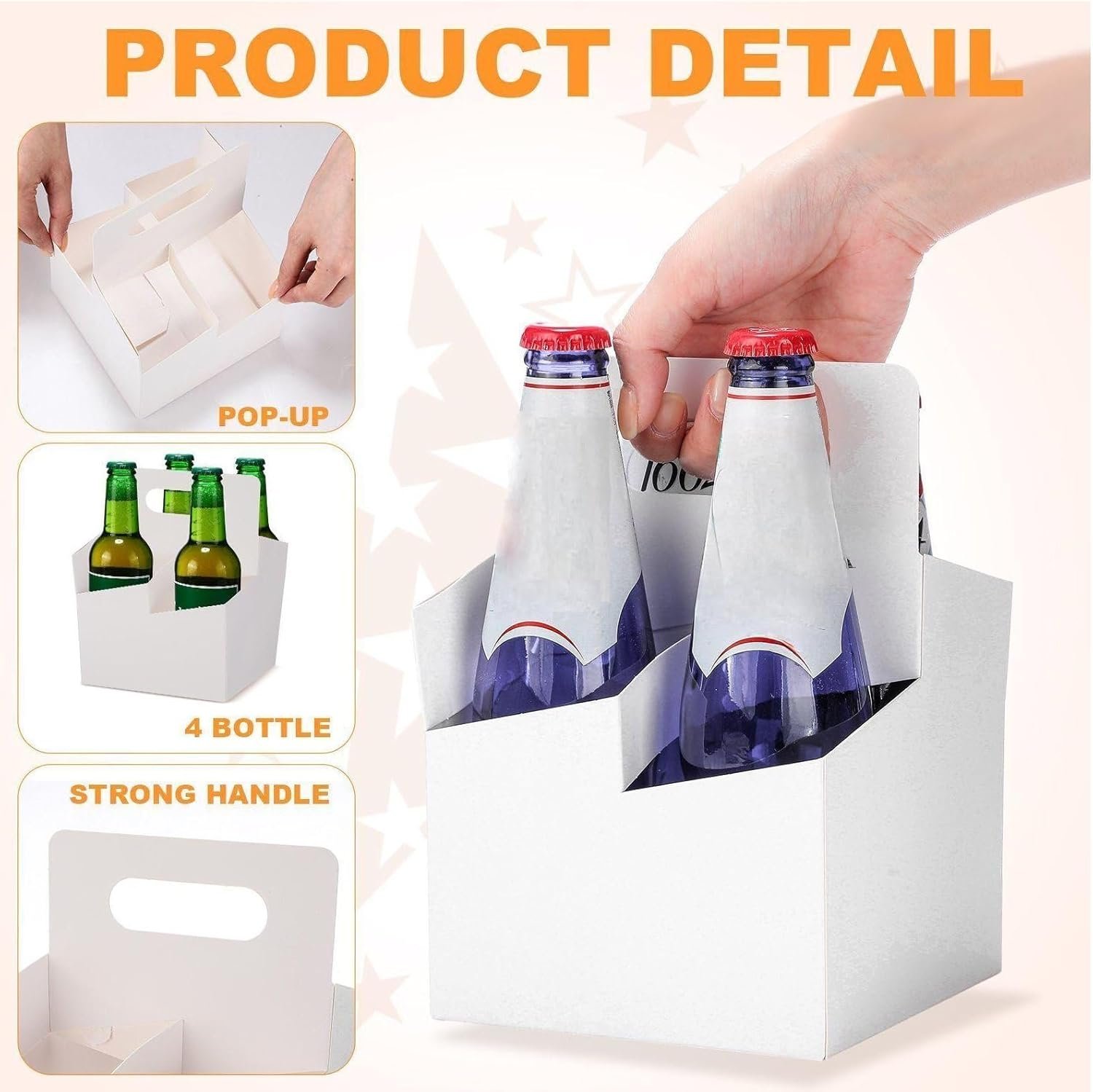 Marchio Bianco Portabirre 4 Bicchieri con Maniglia in Cartone Kraft Monouso per Bevande Calde o Fredde 12-16 oz Consegne Cibo 50 Pezzi con Logo Personalizzato dal Fornitore Bianco
