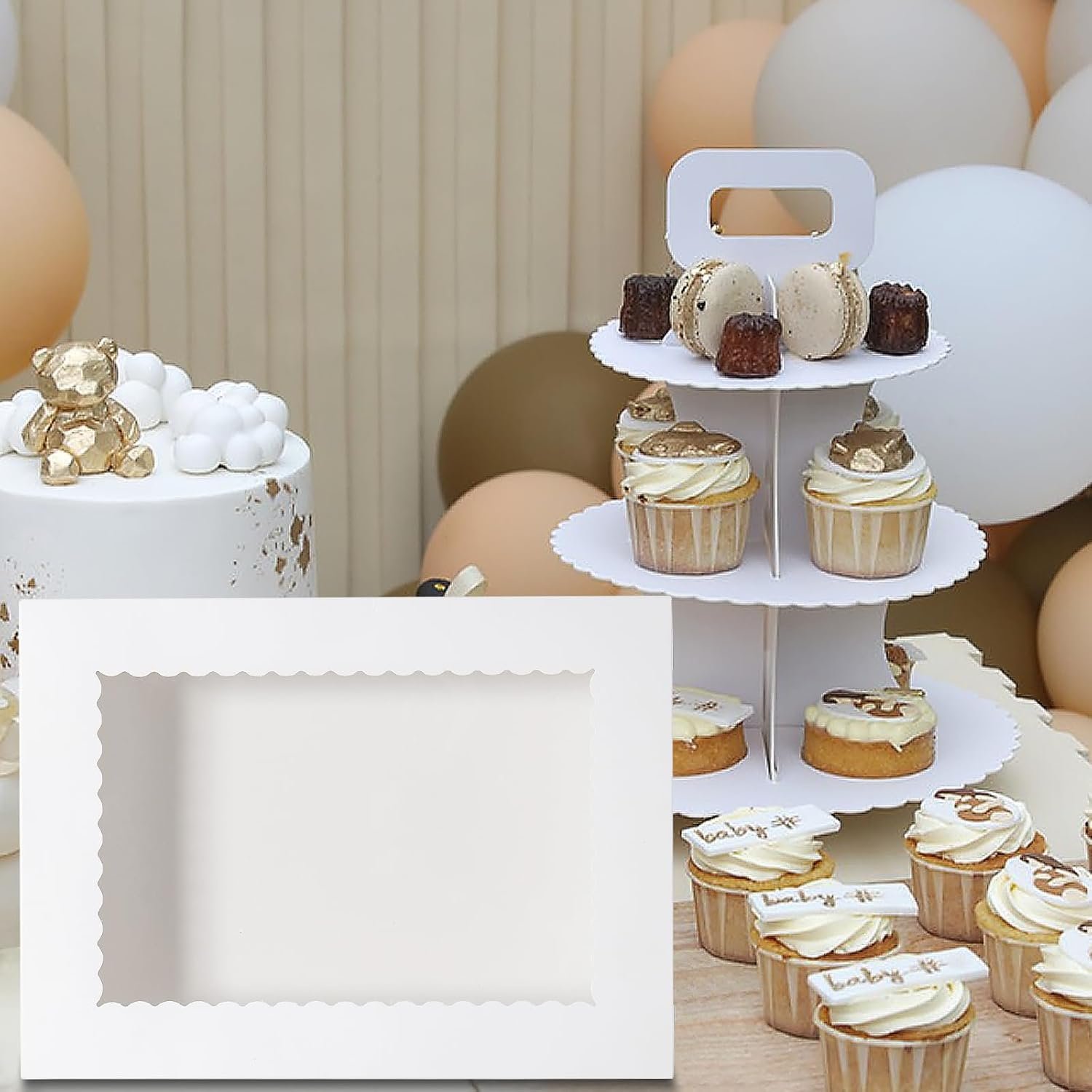 Fornitore 10 pz Scatole per Torte con Finestra 14x10x4 Rettangolari Quarter Sheet con Logo Personalizzato per Pasticceria Torte Cupcakes Donuts Biscotti Crostate Bianche Grandi Marchio Bianco