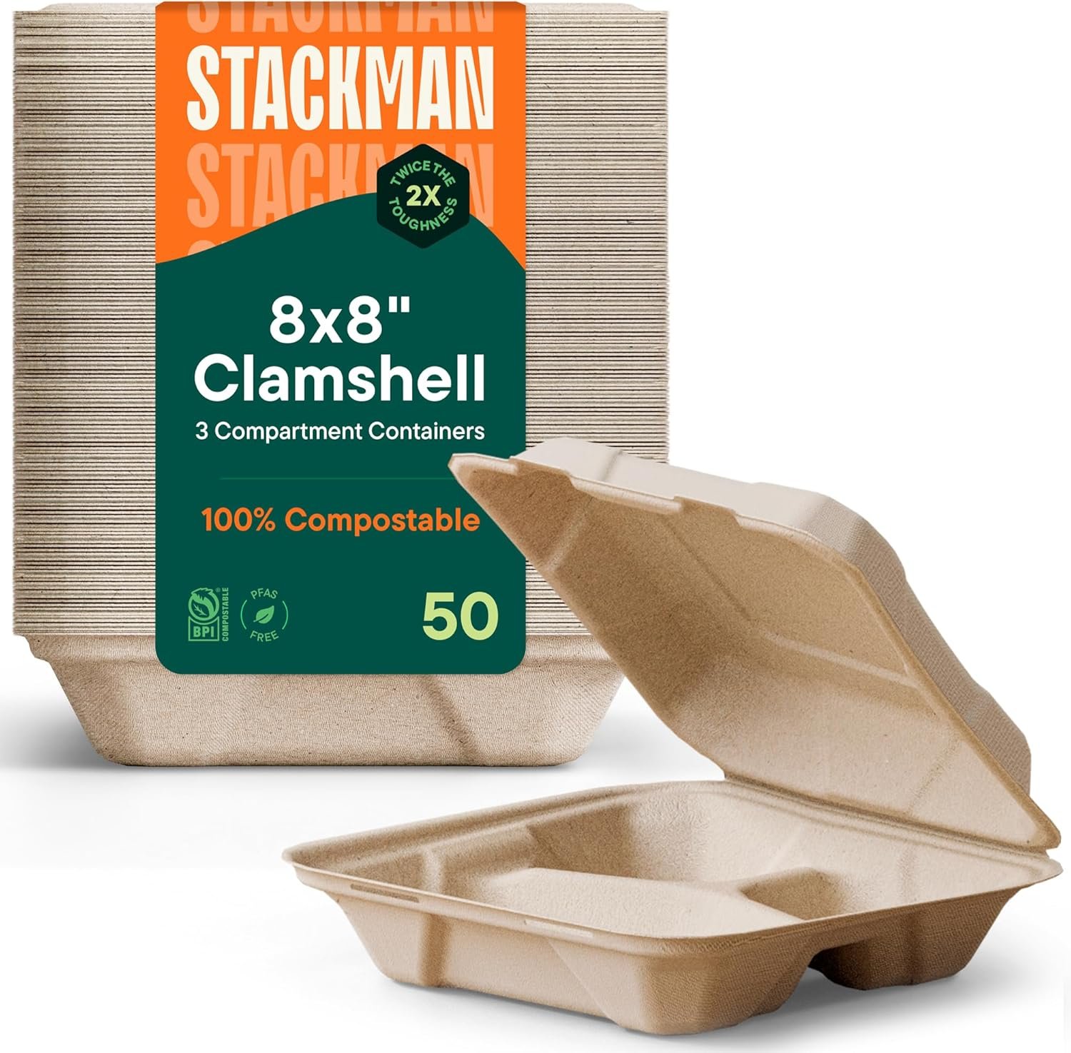 Logo Personalizzato Contenitori a Guscio per Cibo da Asporto 100% Compostabili [8x8" 3 Scomparti 50 Pz] Marchio Bianco Robusti in Bagasse Naturale Ecologici Biodegradabili Fibre di Canna da Zucchero Produttore