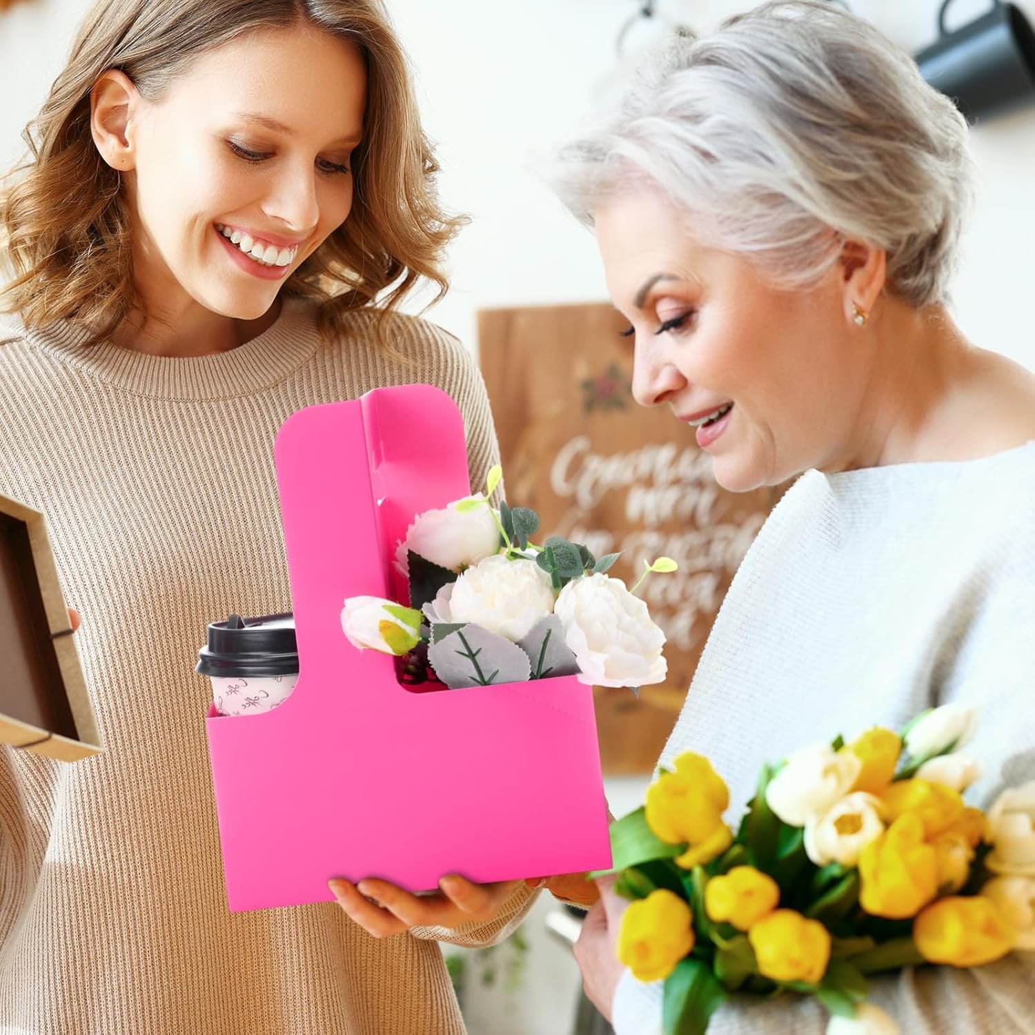 Logo Personalizzato Portabevande 2 Bicchieri con Manico 60 Pezzi 6,9 x 3,2 x 8,9 pollici in Cartone per Bevande Calde e Fredde Asporto Caffè Ristoranti Matrimoni Consegne Cibo Rosso Rosa Marchio Bianco Fornitore