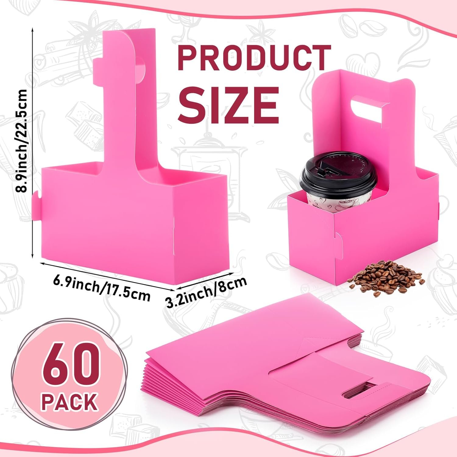 Logo Personalizzato Portabevande 2 Bicchieri con Manico 60 Pezzi 6,9 x 3,2 x 8,9 pollici in Cartone per Bevande Calde e Fredde Asporto Caffè Ristoranti Matrimoni Consegne Cibo Rosso Rosa Marchio Bianco Fornitore