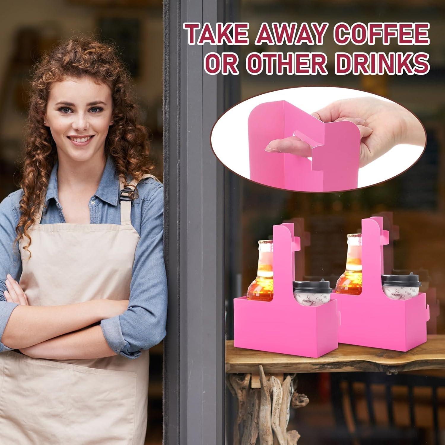 Logo Personalizzato Portabevande 2 Bicchieri con Manico 60 Pezzi 6,9 x 3,2 x 8,9 pollici in Cartone per Bevande Calde e Fredde Asporto Caffè Ristoranti Matrimoni Consegne Cibo Rosso Rosa Marchio Bianco Fornitore