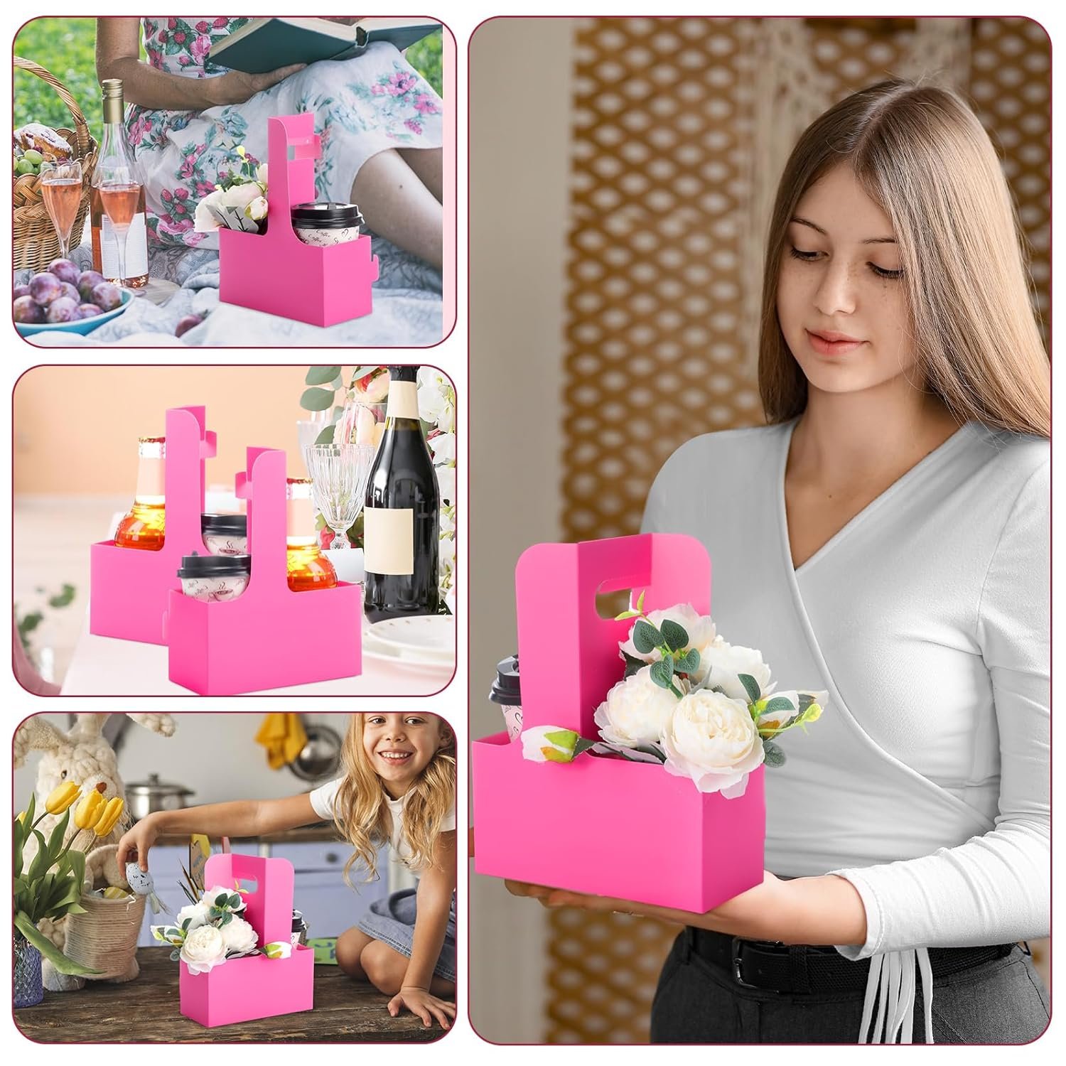 Logo Personalizzato Portabevande 2 Bicchieri con Manico 60 Pezzi 6,9 x 3,2 x 8,9 pollici in Cartone per Bevande Calde e Fredde Asporto Caffè Ristoranti Matrimoni Consegne Cibo Rosso Rosa Marchio Bianco Fornitore