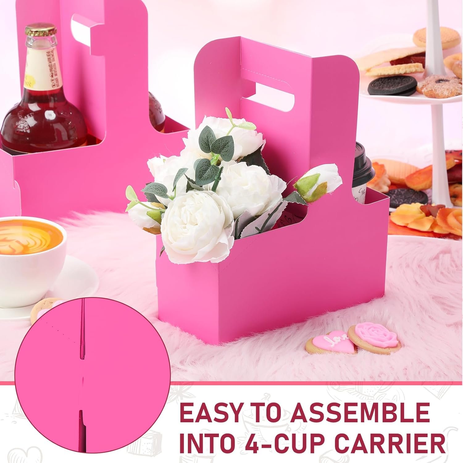 Logo Personalizzato Portabevande 2 Bicchieri con Manico 60 Pezzi 6,9 x 3,2 x 8,9 pollici in Cartone per Bevande Calde e Fredde Asporto Caffè Ristoranti Matrimoni Consegne Cibo Rosso Rosa Marchio Bianco Fornitore