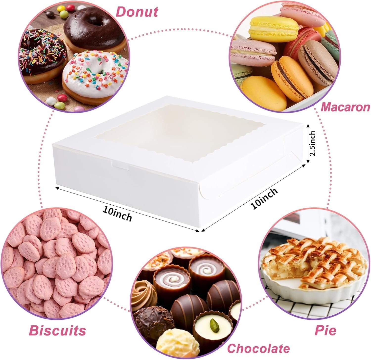 Marchio Bianco Scatole per Torte e Biscotti con Finestra 10 Pezzi 10x10x2.5 pollici Logo Personalizzato dal Produttore