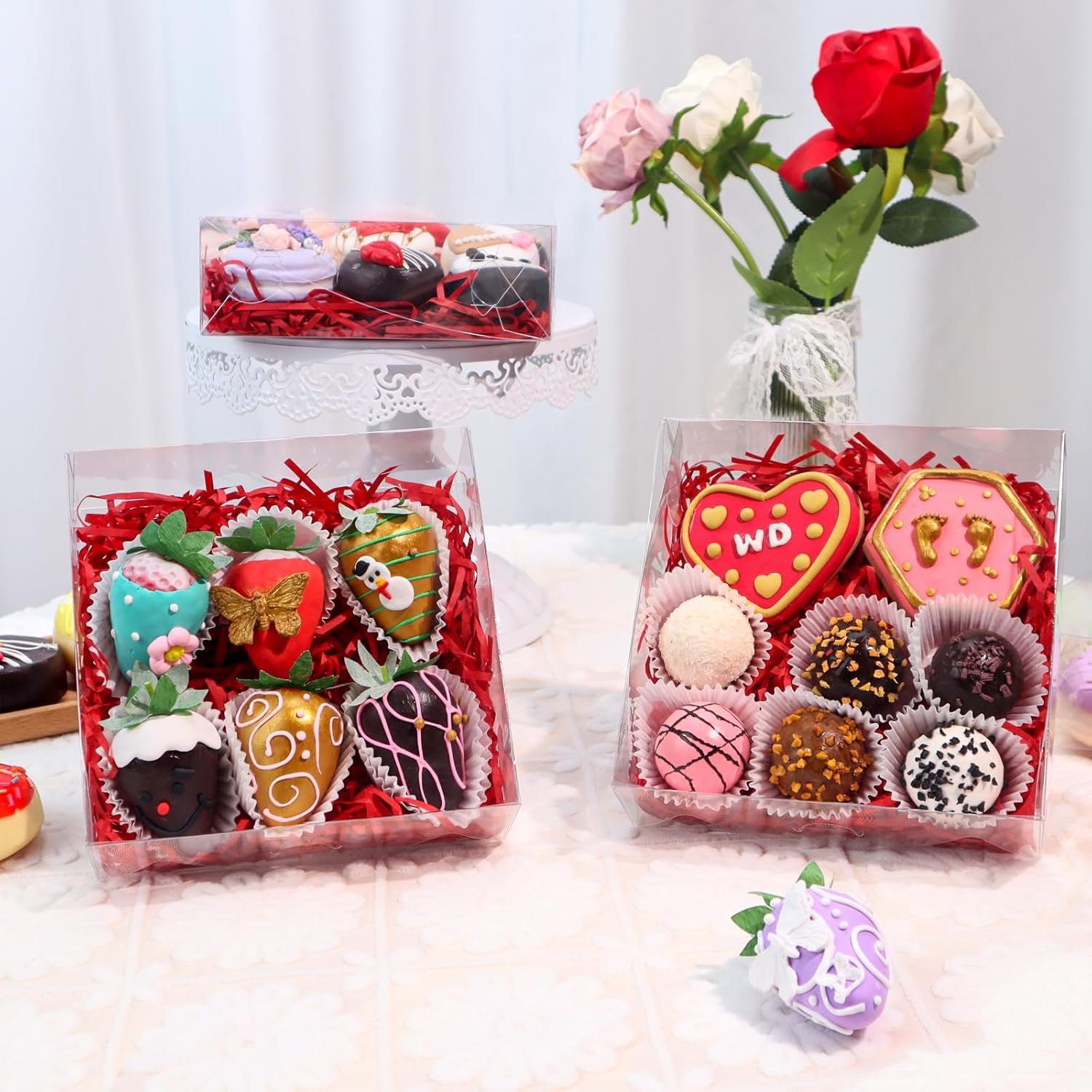 Produttore Scatole per Biscotti 6x6x2 Pollici con Finestra Trasparente 20 Pz con Logo Personalizzato per Macaron Fragole al Cioccolato Torte Pasticceria Tartufi Cakesicle Marchio Bianco