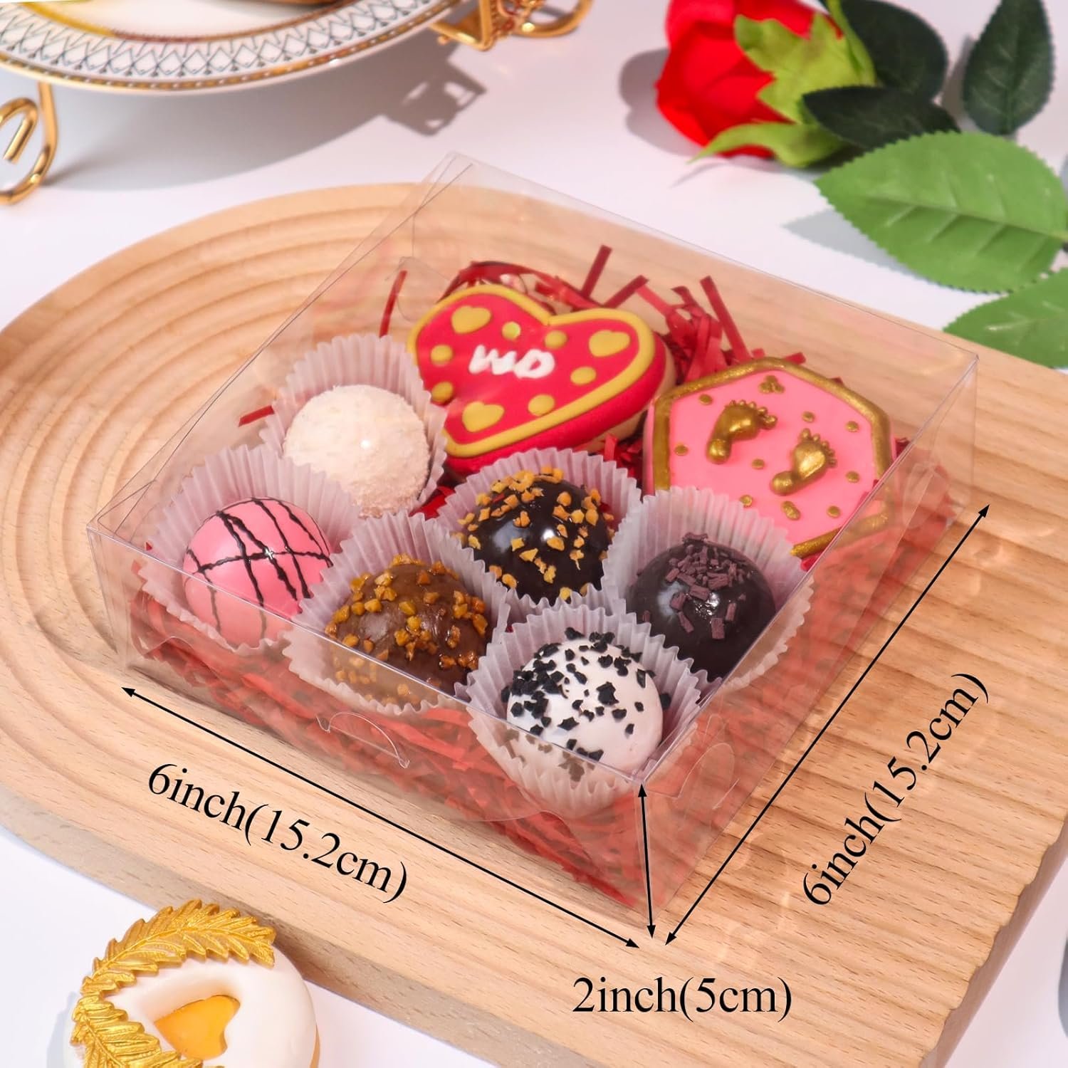 Produttore Scatole per Biscotti 6x6x2 Pollici con Finestra Trasparente 20 Pz con Logo Personalizzato per Macaron Fragole al Cioccolato Torte Pasticceria Tartufi Cakesicle Marchio Bianco