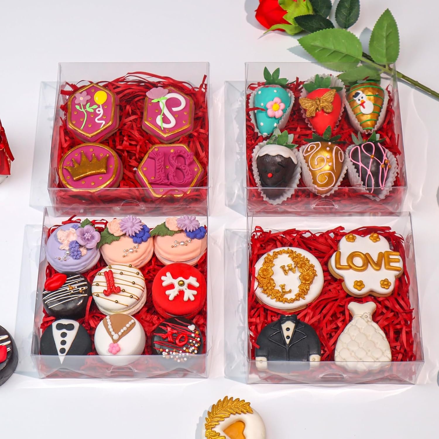 Produttore Scatole per Biscotti 6x6x2 Pollici con Finestra Trasparente 20 Pz con Logo Personalizzato per Macaron Fragole al Cioccolato Torte Pasticceria Tartufi Cakesicle Marchio Bianco