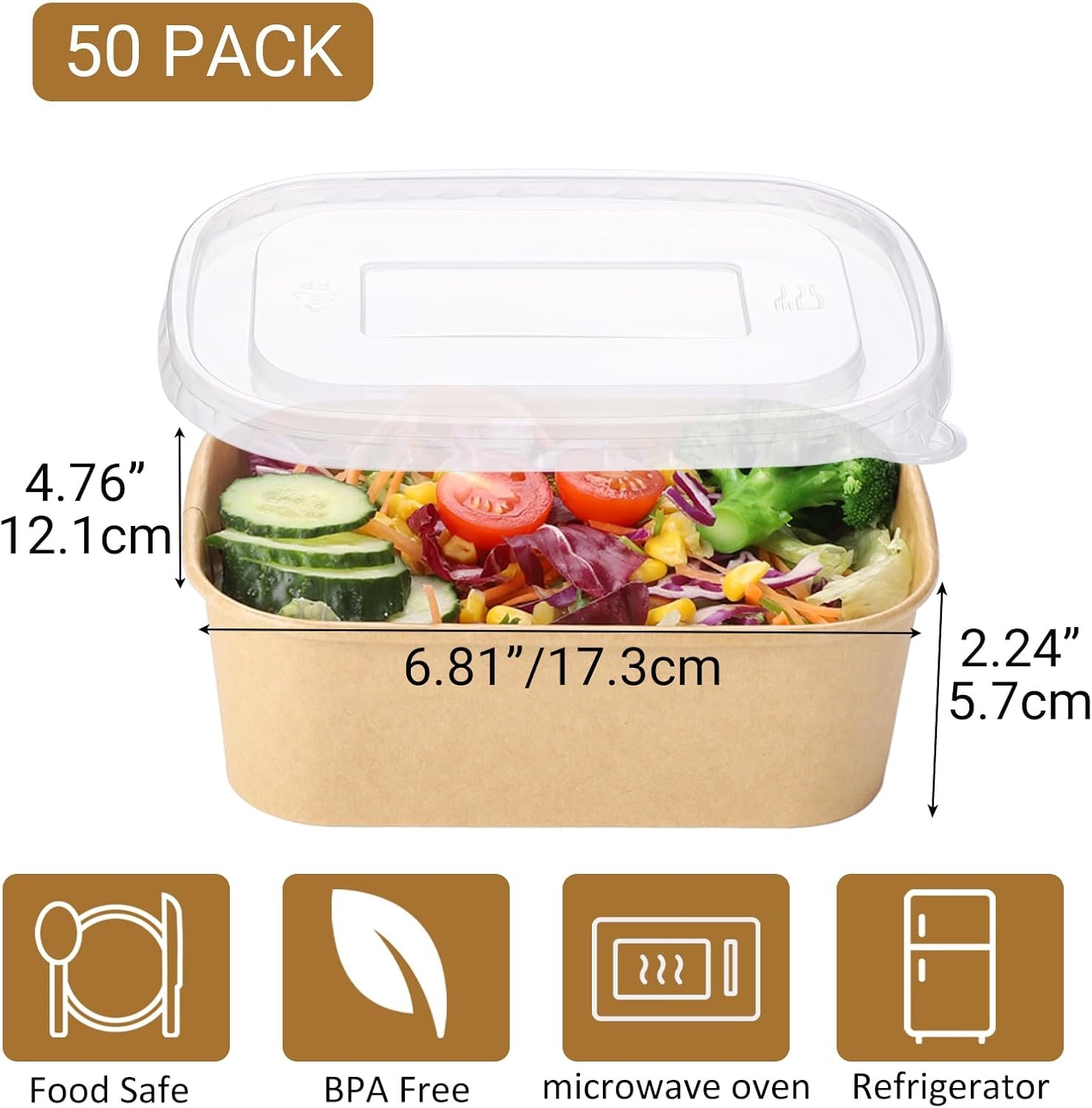 Marchio Bianco 50 Set Ciotole Monouso Rettangolari in Carta Kraft con Coperchi 25oz (750ml) per Insalate Zuppe Cibi Caldi/Freddi Asporto Gelato Feste con Logo Personalizzato dal Produttore